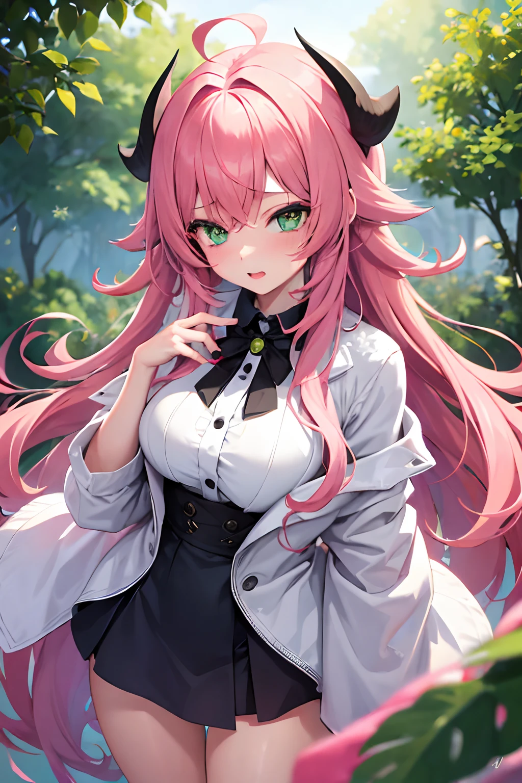 1 girl, long pink hair, green eyes