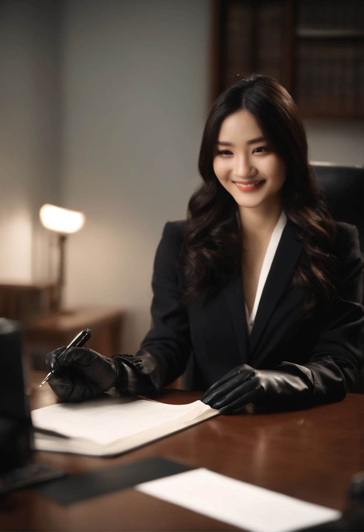 Wearing black leather gloves on both hands The upper part of the body Black Business Suit Towards the desk in the study in the dark、Look down and smile、Write a letter with a fountain pen long straight black hair Japan female new employee with young and very cute face (Black leather gloves cover both hands)