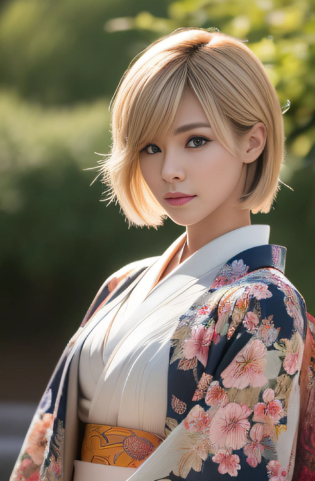 (masterpiece:1.2), ultra detailed, ultra high res, (realistic, photo realistic:1.37), high detail RAW color photo, professional photograph, an extremely delicate and beautiful, extremely detailed, 8k wallpaper, Amazing, finely detail, huge file size, extremely detailed beautiful girl, extremely detailed face, extremely detailed eyes, extremely detailed skin, extremely detailed fingers, extremely detailed nose, extremely detailed mouth, perfect anatomy, highly detailed background, (a famous actress of Japan:1.2), blond hair, shortcut hair, (Tanned skin:1.2), (gyaru:1.2), cinematic lighting, cowboy shot, (floral printed kimono:1.3), dynamic pose