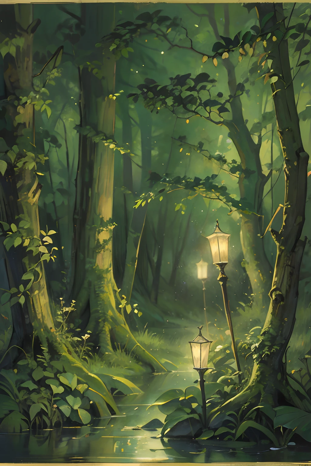 Vintage Victorian style　Precise vintage encyclopedia (best quality:1.2), (detailed:1.2), (masterpiece:1.2), vintage illustrations of magical forest at night, botanical, ((without people)) ((nobody)) will o the wisp, swamp light, ghostlights