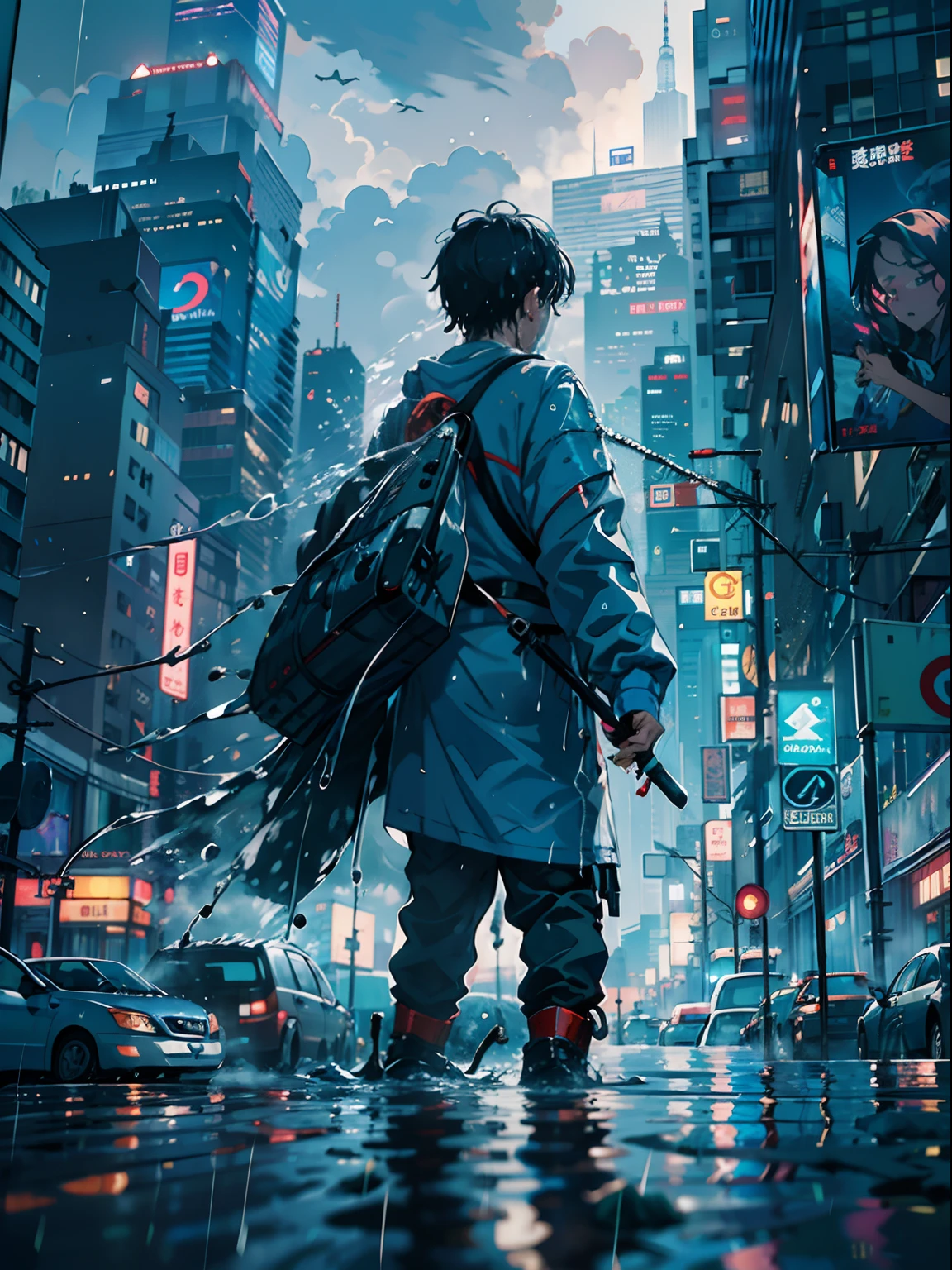 1boy, boy、Wet body、Cyberpunk Boy、katanas,machine gun、The beginning of the adventure、(drenching:2)、Lots of clouds,heavy fog、Fog,Chaotic city of the future、Movie dystopia、A group of very tall skyscrapers stands in the center、Very complex cityscape,Crowded Chinese skyscrapers、street signs、streetlights、taxis、buses、Train、Blue lighting,Dark road、Lots of puddles、Chaotic、Beautiful and fantastic scenery、Cinematic scenery、hightquality、masutepiece,in 8K、hight resolution、