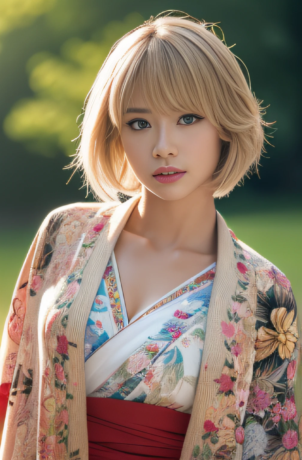 (masterpiece:1.2), ultra detailed, ultra high res, (realistic, photo realistic:1.37), high detail RAW color photo, professional photograph, an extremely delicate and beautiful, extremely detailed, 8k wallpaper, Amazing, finely detail, huge file size, extremely detailed beautiful girl, extremely detailed face, extremely detailed eyes, extremely detailed skin, extremely detailed fingers, extremely detailed nose, extremely detailed mouth, perfect anatomy, highly detailed background, (a famous actress of Japan:1.2), blond hair, shortcut hair, (Tanned skin:1.2), (gyaru:1.2), cinematic lighting, cowboy shot, (floral printed kimono:1.3), dynamic pose
