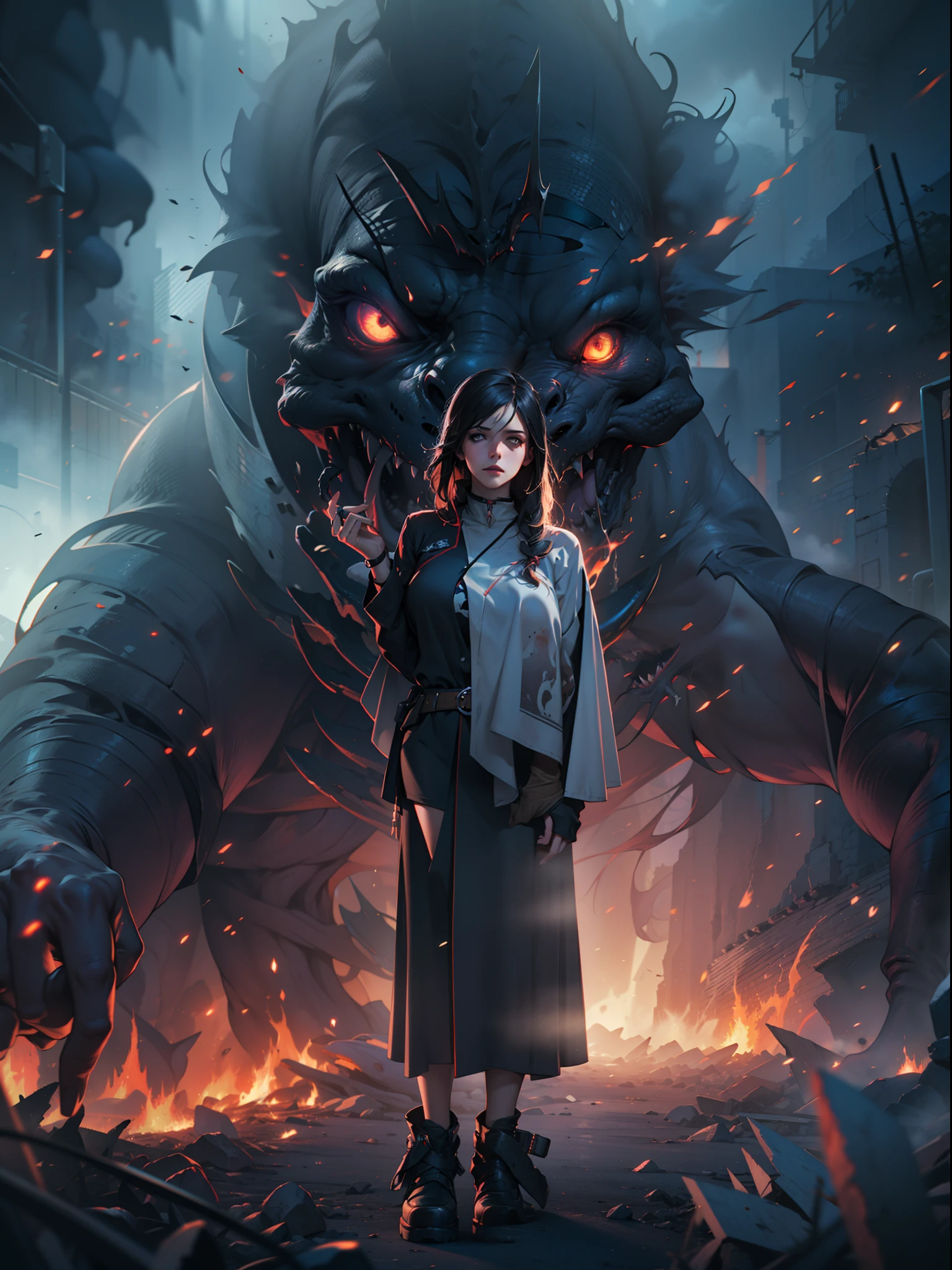 A girl control the horror monster realistic, heavy fog everywhere, fire, chaotic moments, futuristic situation, cinematic art, cinematic light effects, masterpiece collection, best quality, close-up portrait