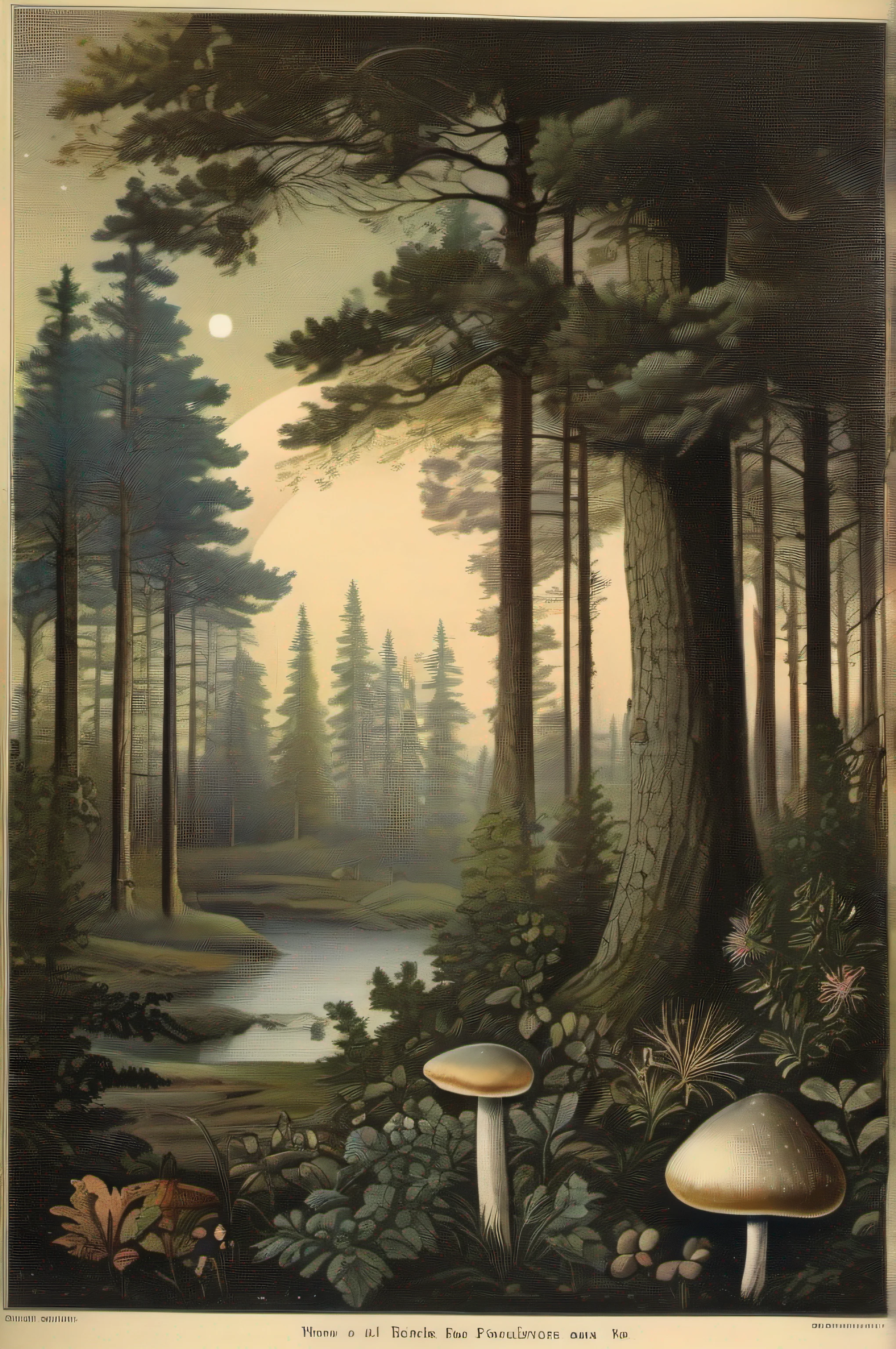 Vintage Victorian style　Precise vintage encyclopedia (best quality:1.2), (detailed:1.2), (masterpiece:1.2), vintage illustrations of magical forest at night, botanical, ((without people)) ((nobody)) iridescent light, raindrops, moonlight, glowing plants and mushrooms, pine trees