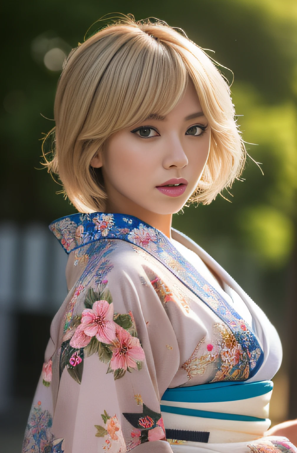 (masterpiece:1.2), ultra detailed, ultra high res, (realistic, photo realistic:1.37), high detail RAW color photo, professional photograph, an extremely delicate and beautiful, extremely detailed, 8k wallpaper, Amazing, finely detail, huge file size, extremely detailed beautiful girl, extremely detailed face, extremely detailed eyes, extremely detailed skin, extremely detailed fingers, extremely detailed nose, extremely detailed mouth, perfect anatomy, highly detailed background, (a famous actress of Japan:1.2), blond hair, shortcut hair, (Tanned skin:1.2), (gyaru:1.2), cinematic lighting, cowboy shot, (floral printed kimono:1.3), dynamic pose
