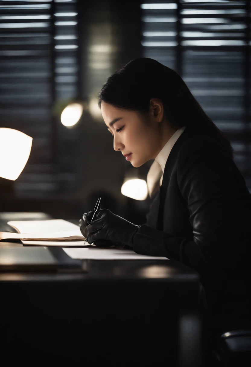 Wearing black leather gloves on both hands The upper part of the body Black Business Suit Towards the desk in the study in the dark、Look down and smile、Write a letter with a fountain pen long straight black hair Japan female new employee with young and very cute face (Black leather gloves cover both hands)