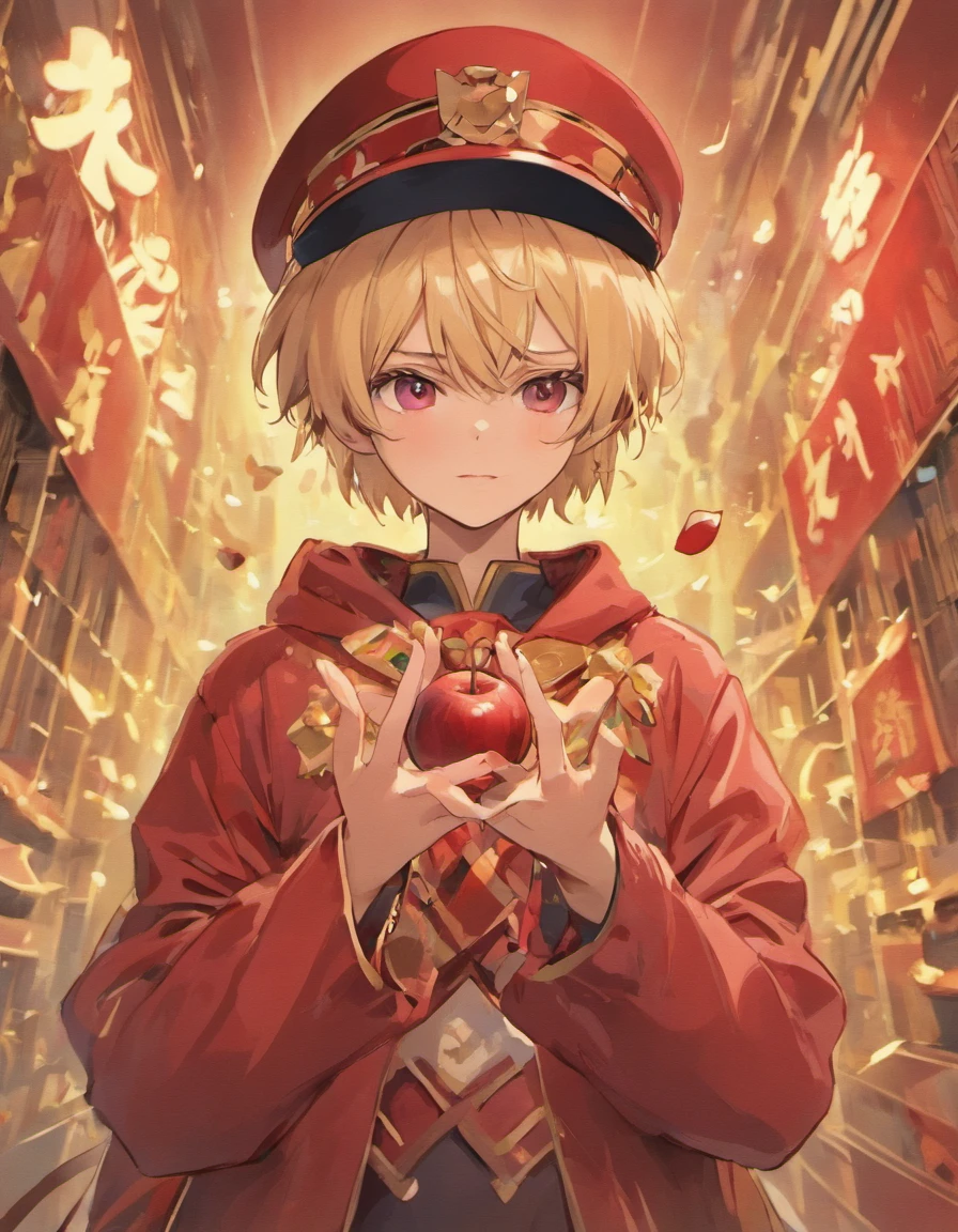 wearing hat，Apple Boy，vred，Apple in hand，Finger detail portrayal，Delicate hands