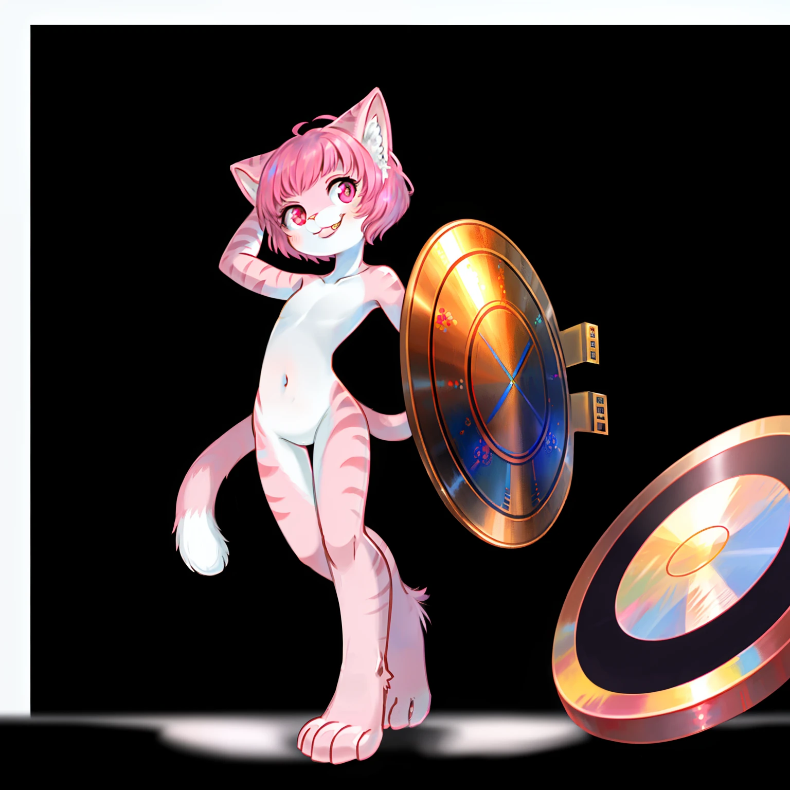 downy furry,,loli,PINK hshort hair ,PINK CATt eye, pink downy furry skin,PINK CAT ears, pink furry hand,PINK CAT tail,a strip of furry cat tail,furry CAT legs,furry CAT foot,furry face, furry torso,furry navel,furry lips,furry cat mouth,good anatomy,good artist,good quality,good detail,naked,full body,Reloaded Knight,Shield