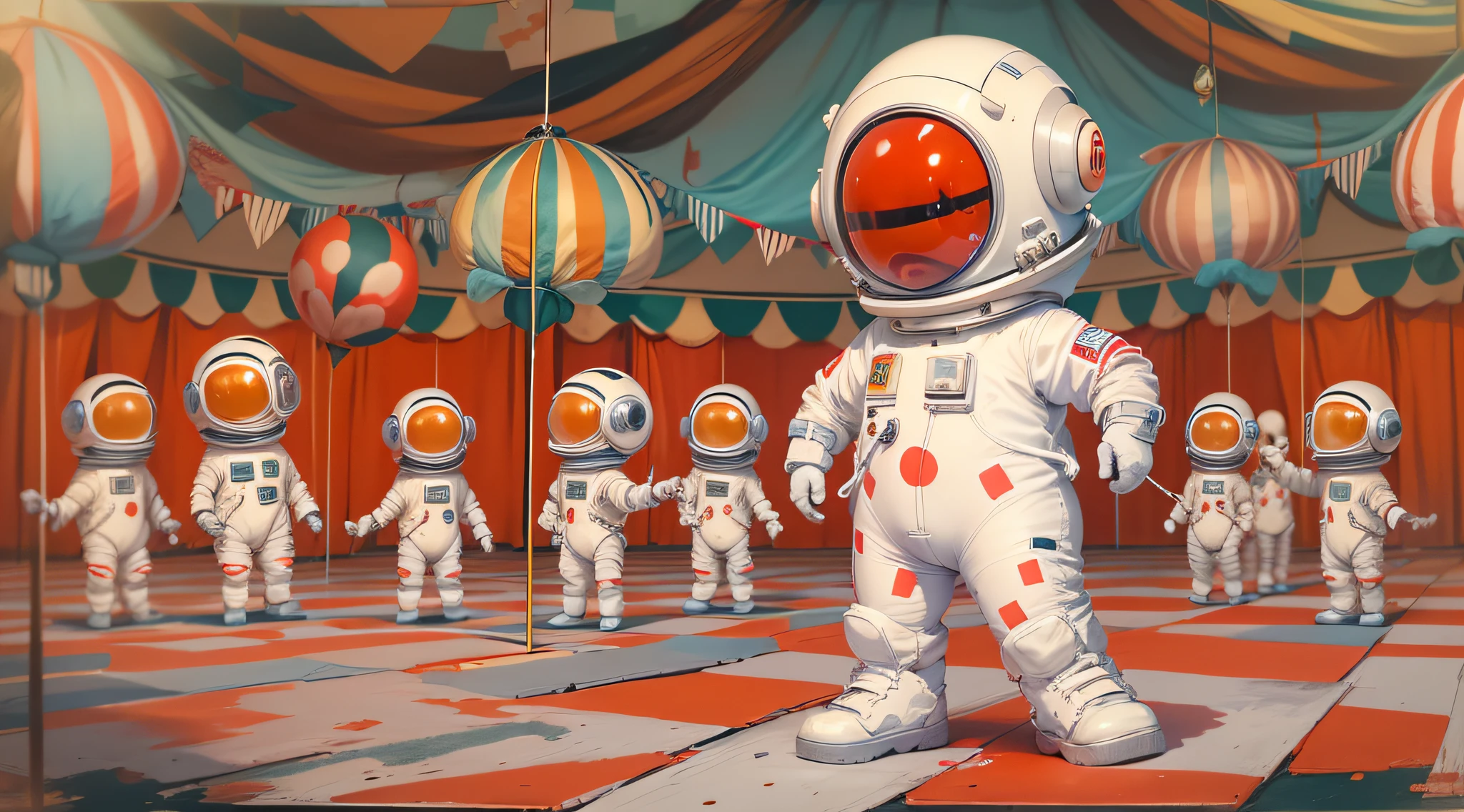 "((Best quality)), ((masterpiece)), ((dreamy)), ((colourful)), "Imagine a dreamy fantastical dreamscape where detailed caricature cute spacemen is playing Tightrope walking, big head short hands short legs short body, big round opaque helmet covered face, white space suit, wear big "red headphone", hands with red gloves, background is a circus, chaotic, fun, performance, circus canvas tent, spontaneous, clowns, horses