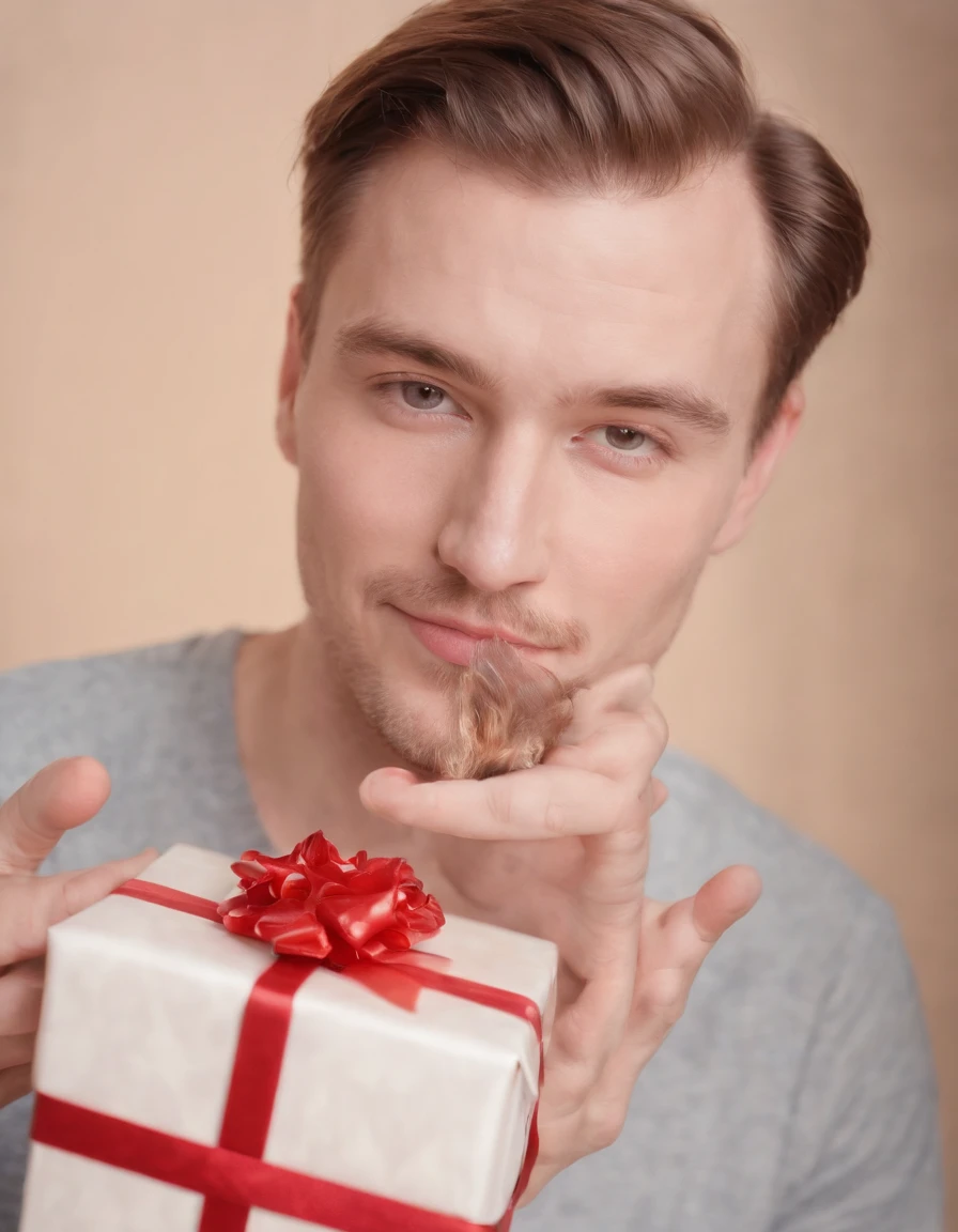 man with kisses painted on his face, smiles while holding a gift, pastel color background, medium close-up photo, in the style of ultrafine detail, high quality photo, 135 mm f/8