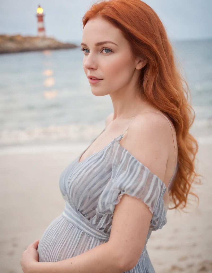Cute pregnant woman on the beach,8K,Beautiful beach scenery,(orange short hair)