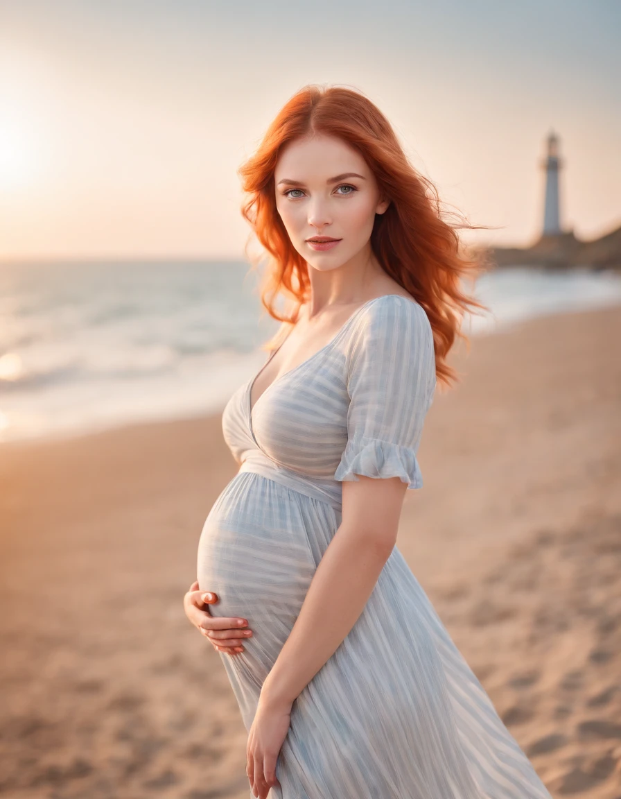 pregnant woman in  dress printed with  striped，Coastal beauty,(orange hair), (bright eyes, sun-kissed skin, carefree expression)，sandy beach background, lighthouse, gentle sea breeze,golden hour lighting, blurred background, rich colors, fine details, hyperrealistic, relaxed atmosphere. natural blurry