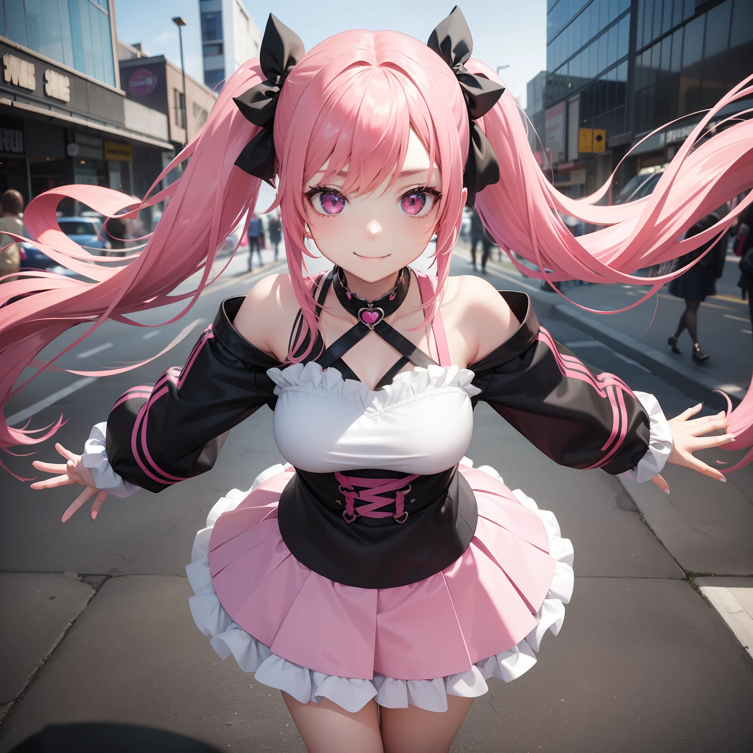 full body Esbian, masutepiece: 1.2, Highest Quality), (Live-action, elaborate details), (1 Lady, Solo, Upper body,) Clothing: Edgy, Black long jumper, pink miniskirt, long hair with pink twin tails,,,、Avant-garde, Experimental appearance: Long pink twin tail hair 、Heart-shaped choker、The location: bustling city、Solo, Nice smile、Value Creation in Mixed Media Art: individuality, authenticity, Creative expression