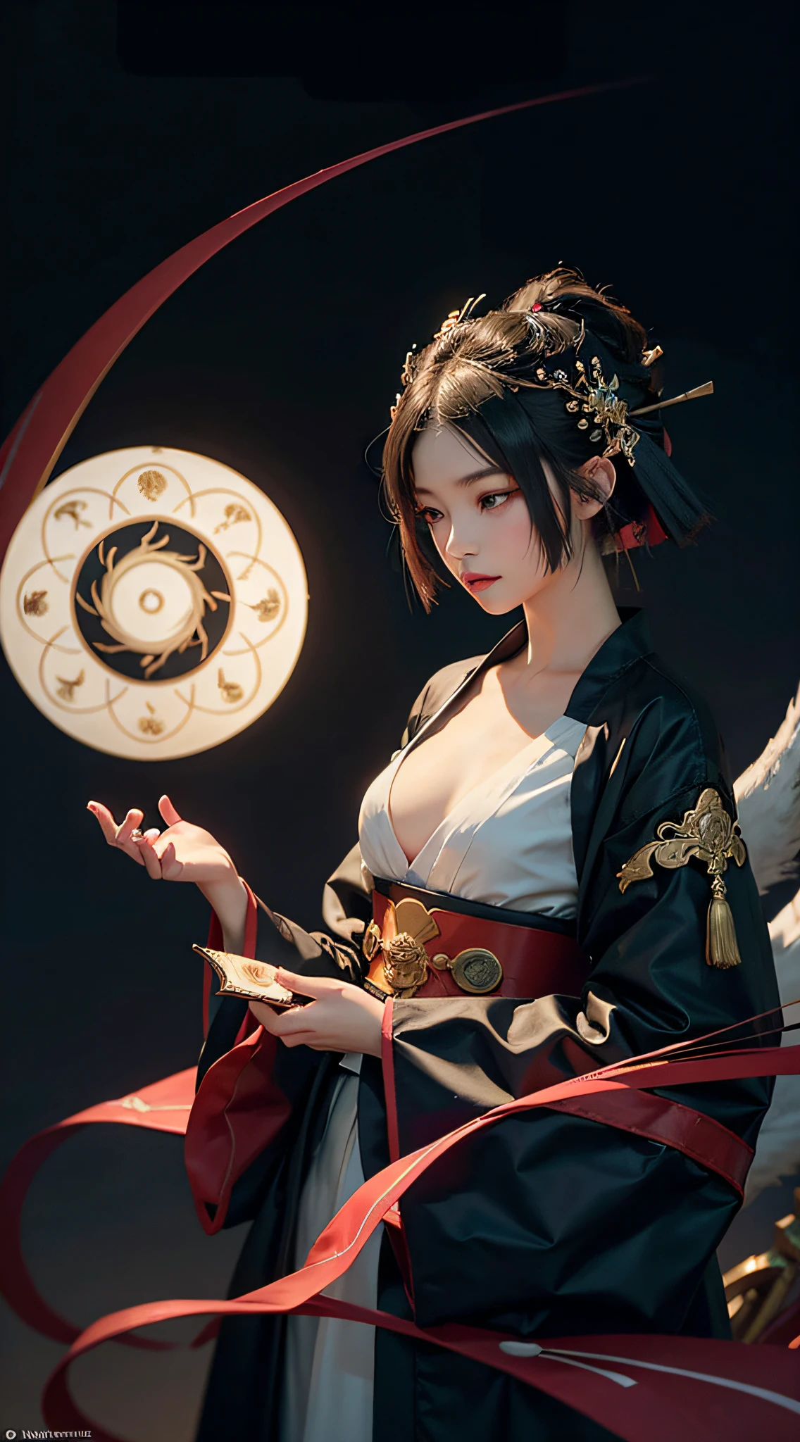 true-to-life visuals, artistically refined,captivating beauty, breathtaking aesthetics, dramatic contrasts, atmospheric depth,official art,high saturation,Intense Coloration,
1girl,solo,
Onmyoji, shikigami summoner, ofuda inscriber, exorcist, yin-yang master, divination