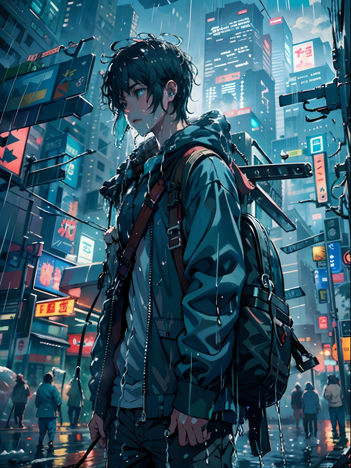 1boy,a 13 yo boy、Wet body、Cyberpunk Boy、katanas,machine gun、The beginning of the adventure、(drenching:2)、Lots of clouds,heavy fog、Fog,Chaotic city of the future、Movie dystopia、A group of very tall skyscrapers stands in the center、Very complex cityscape,Crowded Chinese skyscrapers、street signs、streetlights、taxis、buses、Train、Blue lighting,Dark road、Lots of puddles、Chaotic、Beautiful and fantastic scenery、Cinematic scenery、hightquality、masutepiece,in 8K、hight resolution、