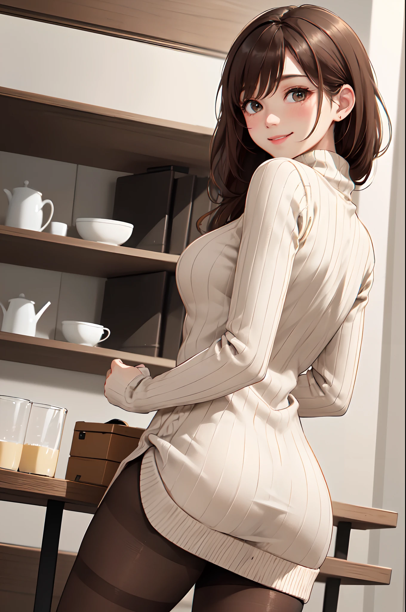 /(modern house indoors/), 1lady solo (looking back from behind), /(ribbed sweater/), /(brown pantyhose/), /(brown hair/) bangs, blush kind smile, (masterpiece best quality:1.2) ultra-detailed