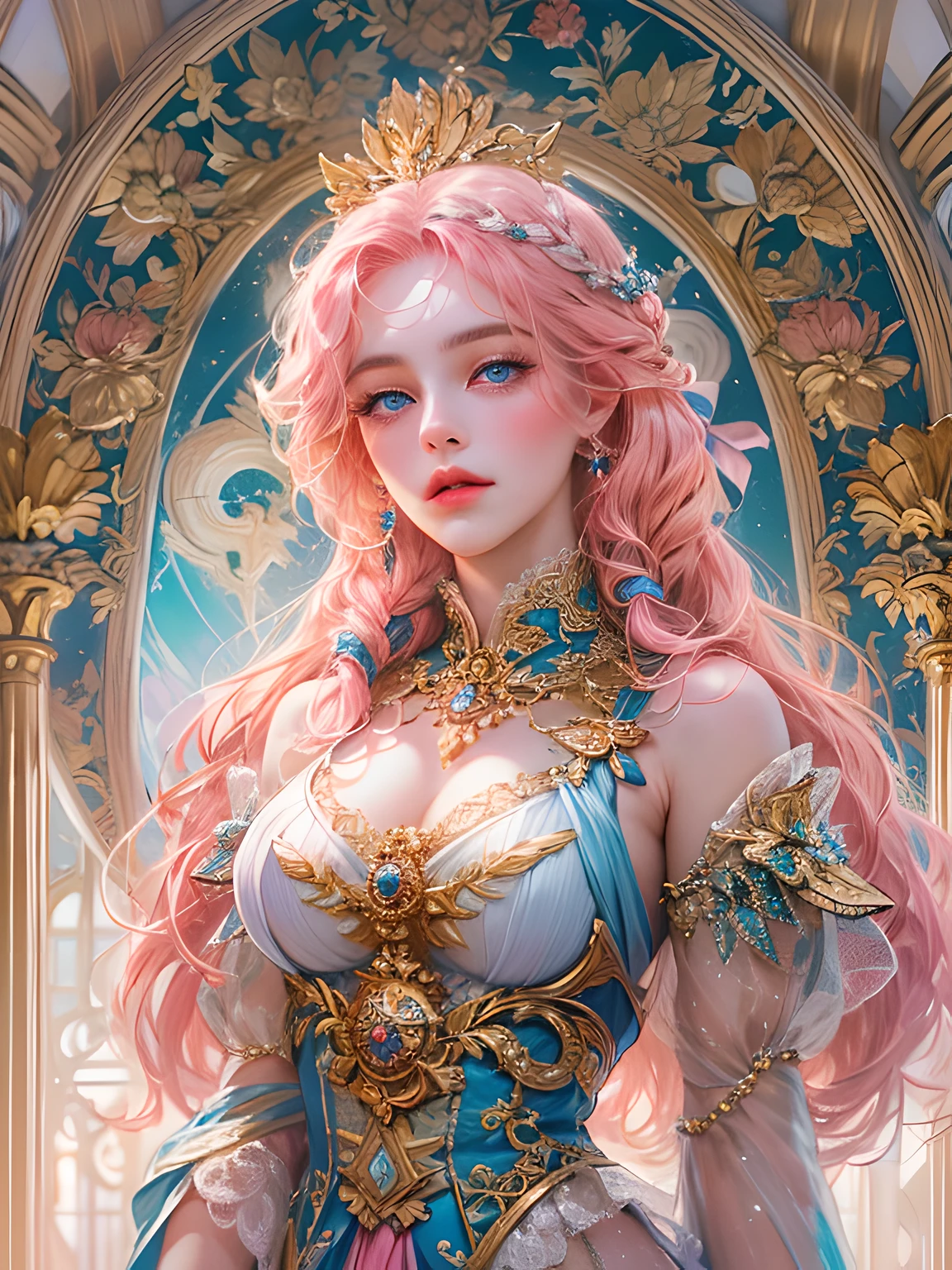 (absurdres, highres, ultra detailed, HDR), masterpiece, best quality, a mature heroine, detailed face, beautiful face with decorative detailed (single braided pink hair) (blue eyes), orange details , white touch and pink little outline,with pink magic mirror inside celestial palace, detailed character, detailed celestial place of goddess, laplace, detailed backdrop