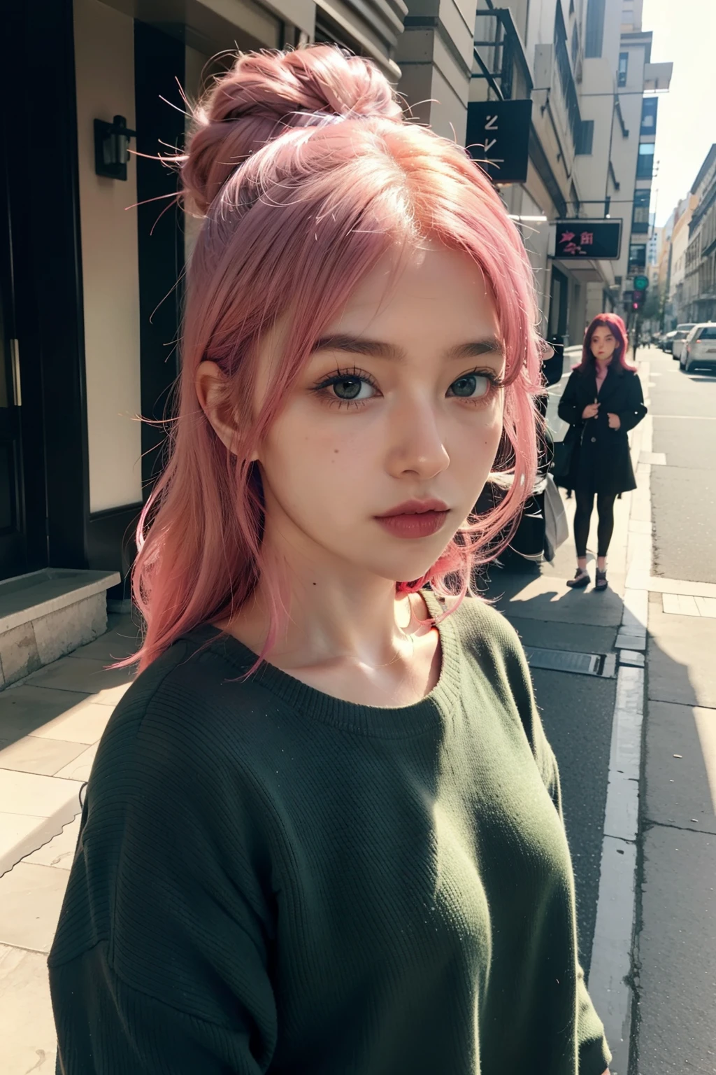 1 girl, pink hair, green eyes,