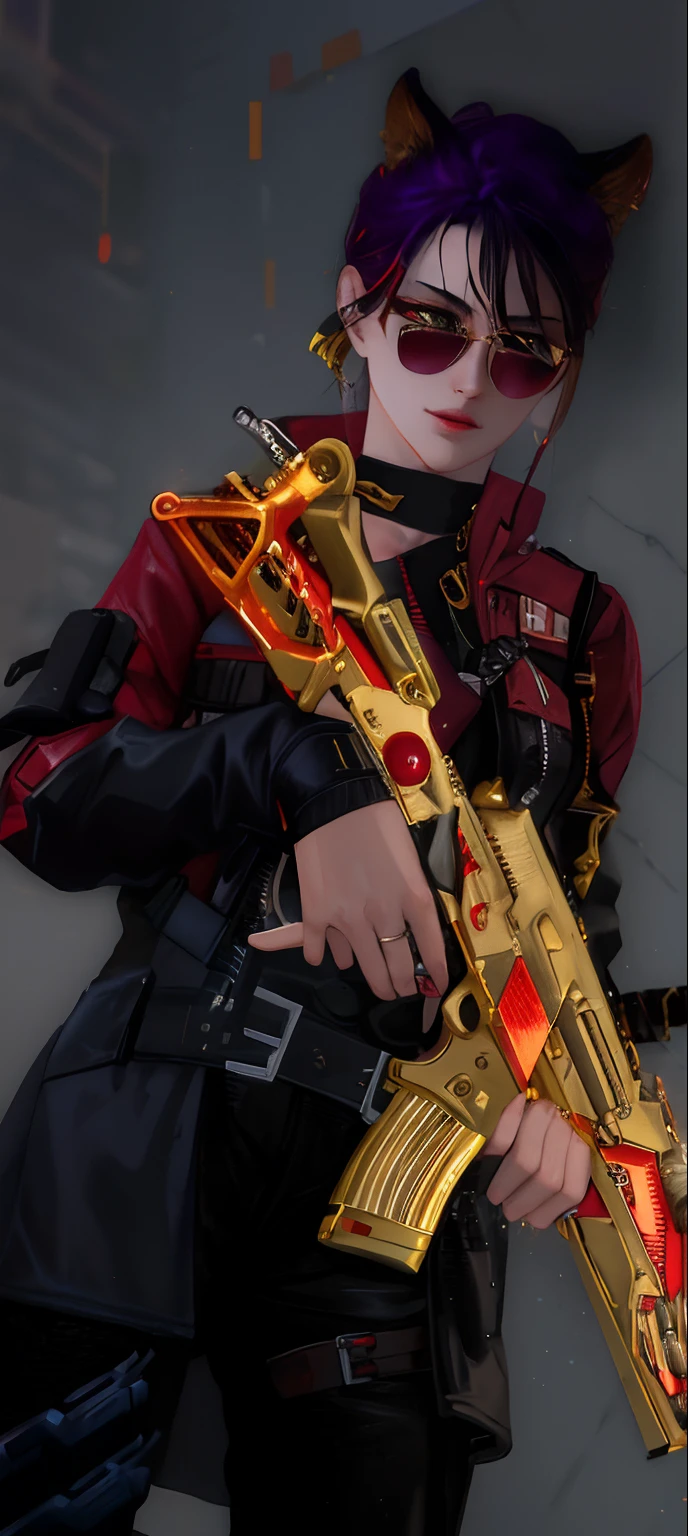 araffe with a gun and a gold plated rifle, gold and red metal, holding ego weapons, realistic weapon, gold and red, cyberpunk accessory, holding jagged scimitar, shining gold and black and red, red and golden color details, female rouge assassin