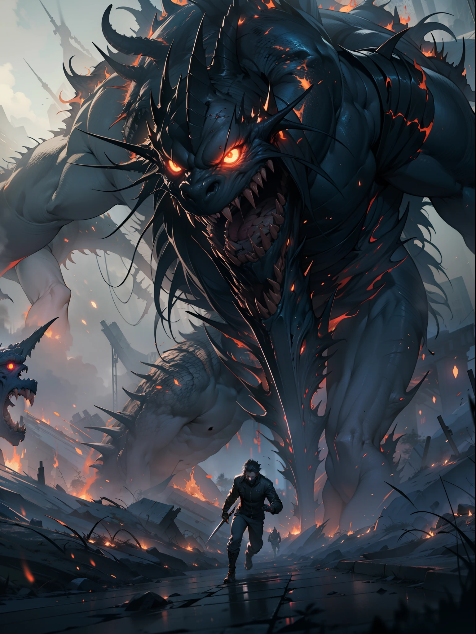 A monster in still standing pose with attitude, powerful, horror monster, realistic, fog everywhere, sword monster, night light shadow, chaotic moments, fire fog everywhere, peoples running to save their lives from the monsters, 8K UHD, octane rendered, AMD FidelityFX Super Resolution 3 effects, masterpiece collection.