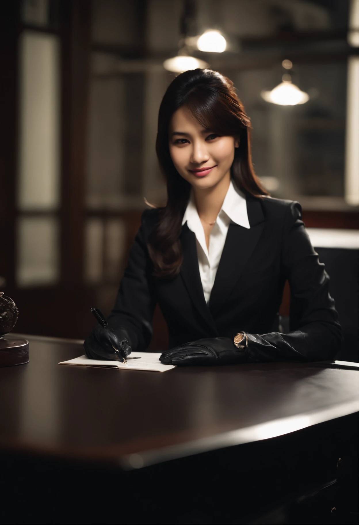 Wearing black leather gloves on both hands The upper part of the body Black Business Suit Towards the desk in the study in the dark、Look down and smile、Write a letter with a fountain pen long straight black hair Japan female new employee with young and very cute face (Black leather gloves cover both hands)
