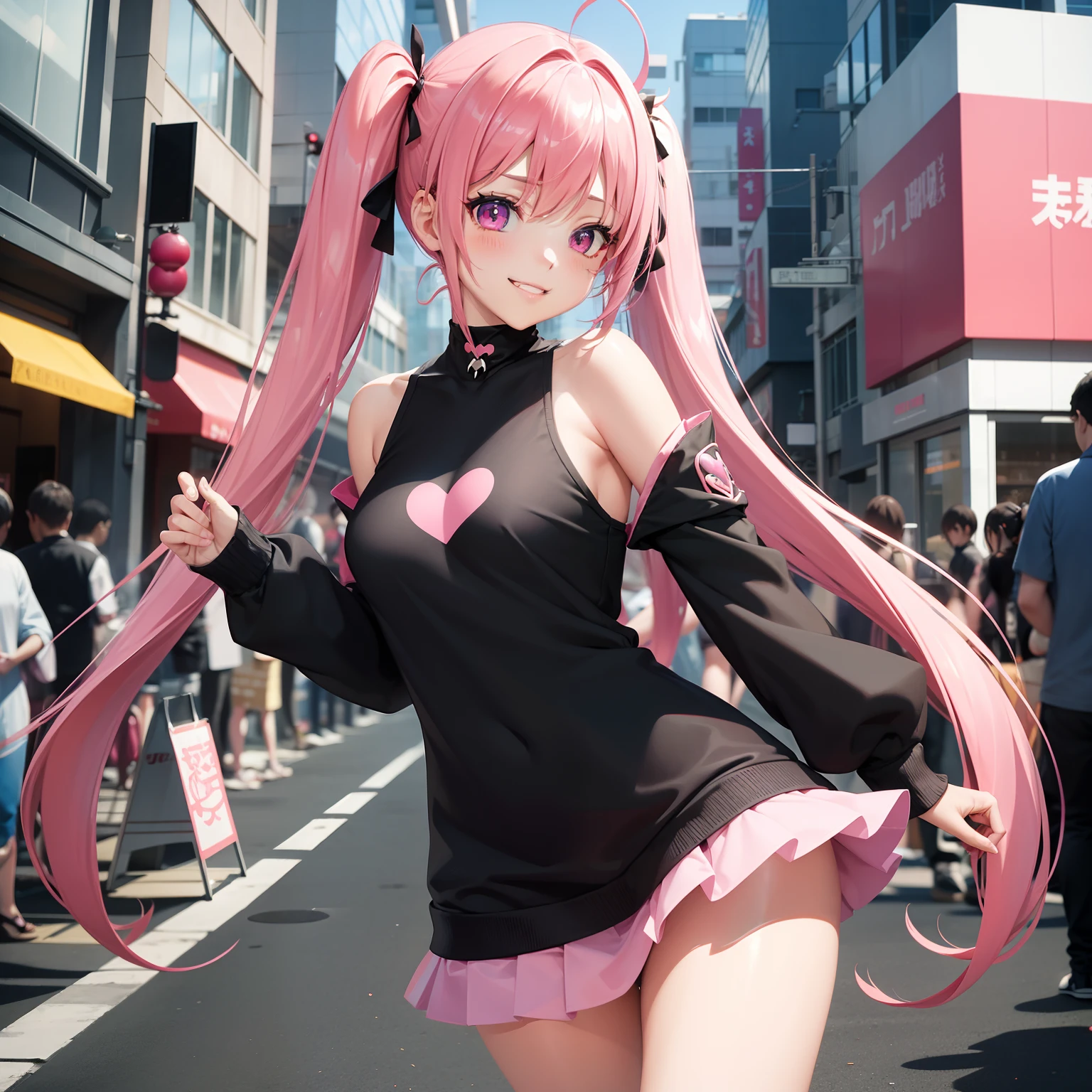 full body Esbian, masutepiece: 1.2, Highest Quality), (Live-action, elaborate details), (1 Lady, Solo, Upper body,) Clothing: Edgy, Black long jumper, pink miniskirt, long hair with pink twin tails,,,、Avant-garde, Experimental appearance: Long pink twin tail hair 、Heart-shaped choker、The location: bustling city、Solo, Nice smile、Value Creation in Mixed Media Art: individuality, authenticity, Creative expression