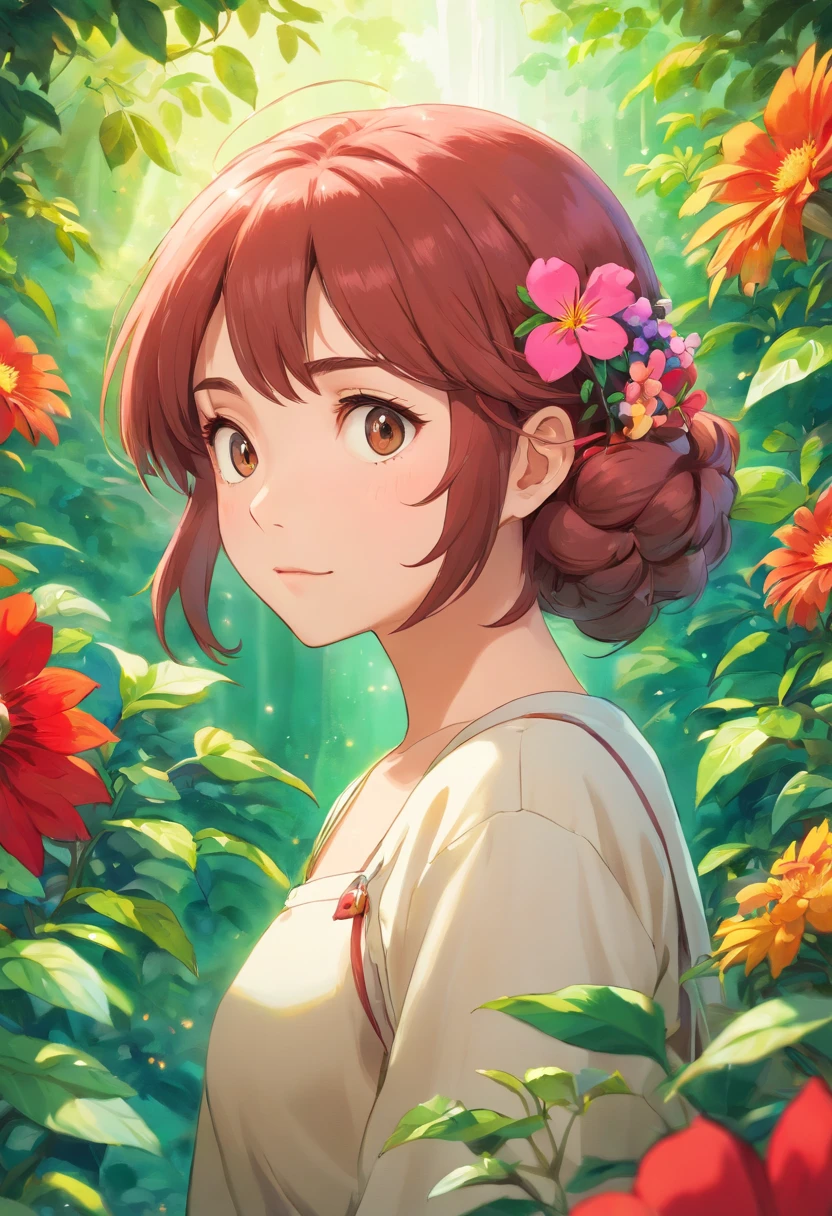 (mostly realistic:1.1)alraune with a large, beautiful red flower on its head, camouflaging itself among a sea of vibrant flowers(mostly realistic:0.9),(extremely detailed:1.1)lush green vines covering its body,(vivid colors,glossy:1.1)brightly colored flowers flowing gracefully throughout its figure(mostly realistic: 1.1),(realistic:1.1)green leaves embracing its form, creating a harmonious blend of nature(mostly realistic: 1.1),(sharp focus:1.1),(photo-realistic:1.37),(studio lighting:1.1),(ultra-fine painting:1.1), (bokeh:1.1),(best quality:1.1).