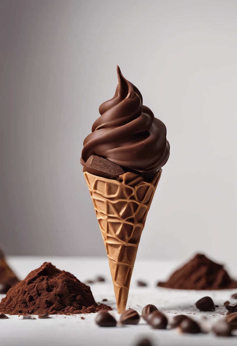 There is a chocolate cone，Top with chocolate toppings, chocolate, fuji choco, , food advertisement, fully chocolate, , advertisement picture, chocolate. Typography design，Picture design，Minimalist style