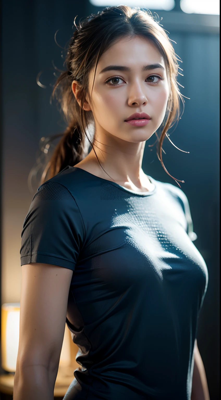 dressed, (photo realistic:1.4), (hyper realistic:1.4), (realistic:1.3), (smoother lighting:1.05), (increase cinematic lighting quality:0.9), 32K, 1girl,20yo girl, realistic lighting, backlighting, light on face, ray trace, (brightening light:1.2), (Increase quality:1.4), (best quality real texture skin:1.4), finely detailed eyes, finely detailed face, finely quality eyes, (tired and sleepy and satisfied:0.0), face closeup, t-shirts, (Increase body line mood:1.1), (Increase skin texture beauty:1.1)