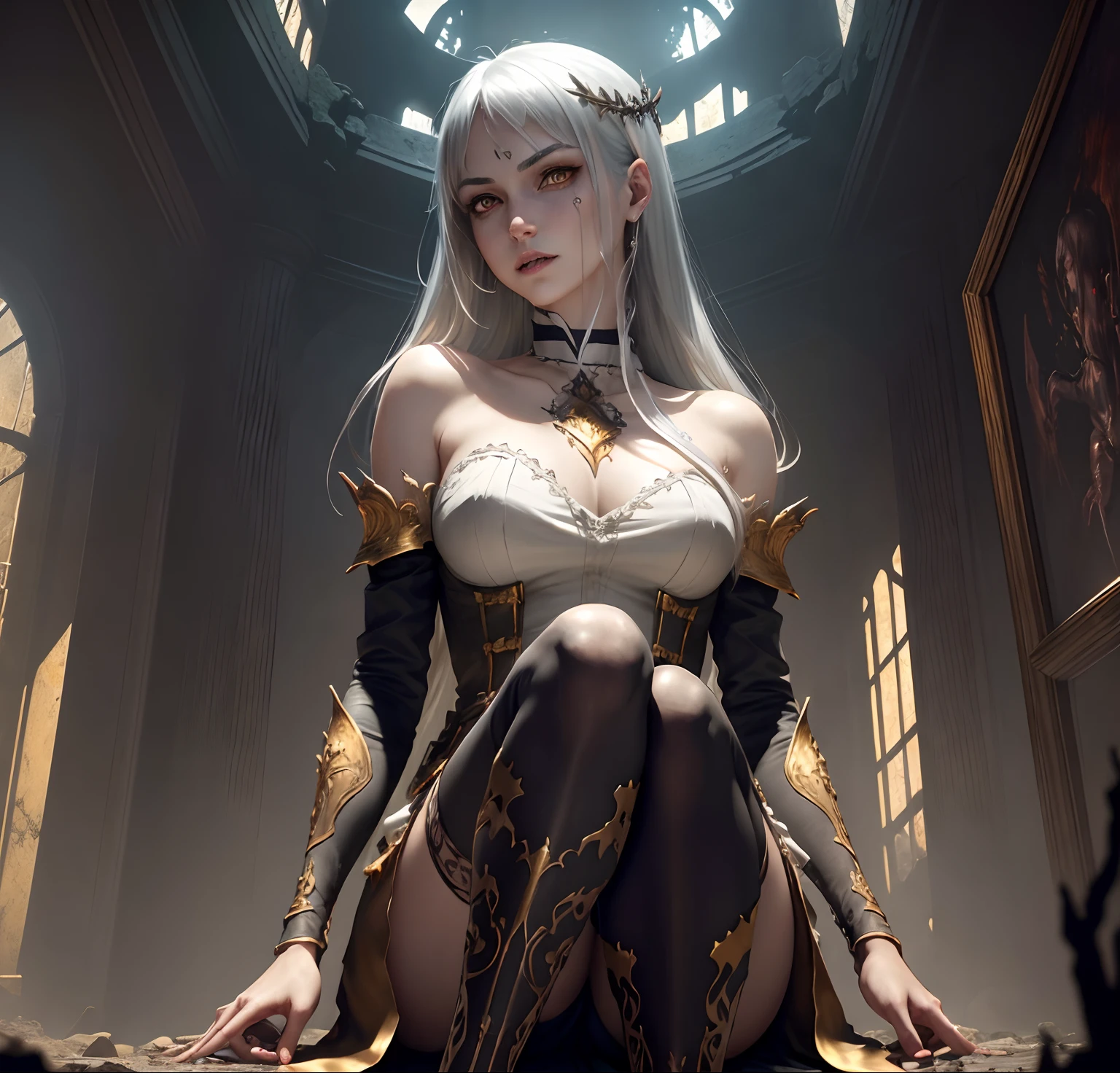 (extremely detailed CG unity 8k wallpaper), (masterpiece), (best quality:1.2), (highres), (illustration:1.1), (cinematic light:1.1), finely detailed, intricate details, (best illustration), 8k resolution, intricate details, best quality, realistic, ultra-detailed, best illumination, best shadow, ultra-HD, cryengine, ultra hd, (detailed reflection), detailed shadows, (((intricate details))), smooth, ((perfect shading)), high quality metal texture, metallic luster, highly detailed illustration, (semi realistic:1.6), (wide_shot:1.2), (from below, dutch_angle), dutch angle,(face to below knee:1.3), ((dark)), dark_fantasy, perfect fingers, hyper details, cutest, solo female, (silver white hair:1.2), absurdly long hair, asymmetrical bangs, (golden eyes:1.4), (finely_detailed_beautiful_eyes_and_detailed_face:1.4), (pale skin), , (vampire:1.3), (naked, over knee stocking), (choker), big breasts, thin legs, (fangs:1.2), (hold a glass of blood:1.2), laying on bed, pale skin, (full body:1.45), (inside of abandoned castle:1.3), (full moon), (blood is splattered:1.35), dark atmosphere, complicated background, dynamic camera angle, blood rain behind, (warzone), (((high quality detailed ruins))), (depth of field), ((cinematic lighting)), ((horror)), ((dark fantasy)), lovecraftian, spot color, monotone, red, splashing blood, (best illumination), (hyper intricate details), ((ultra-detailed)), 4k unity, (extremely detailed CG:1.2), (8k:1.1), ((landscape view)), Artstation, ((by sui ishida, by Wenjun Lin, by stefan morrell)), dark fantasy art, ((semi-realistic)), (realism), (dynamic), (RFKTR_bontrex-150:0.5), (nixeu_basic2:0.5)