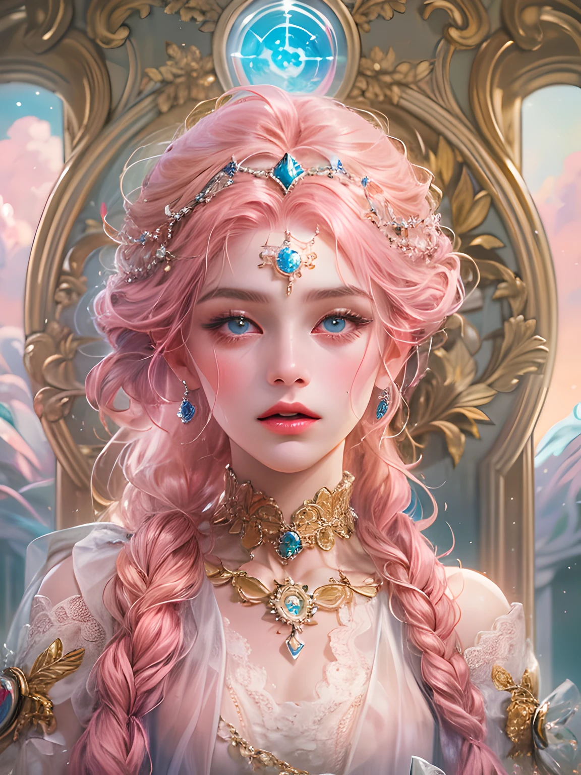 (absurdres, highres, ultra detailed, HDR), masterpiece, best quality, a mature heroine, detailed face, beautiful face with decorative detailed (single braided pink hair) (blue eyes), pink details , white touch and pink little outline,with pink magic mirror inside celestial palace, detailed character, detailed celestial place of goddess, laplace, detailed backdrop