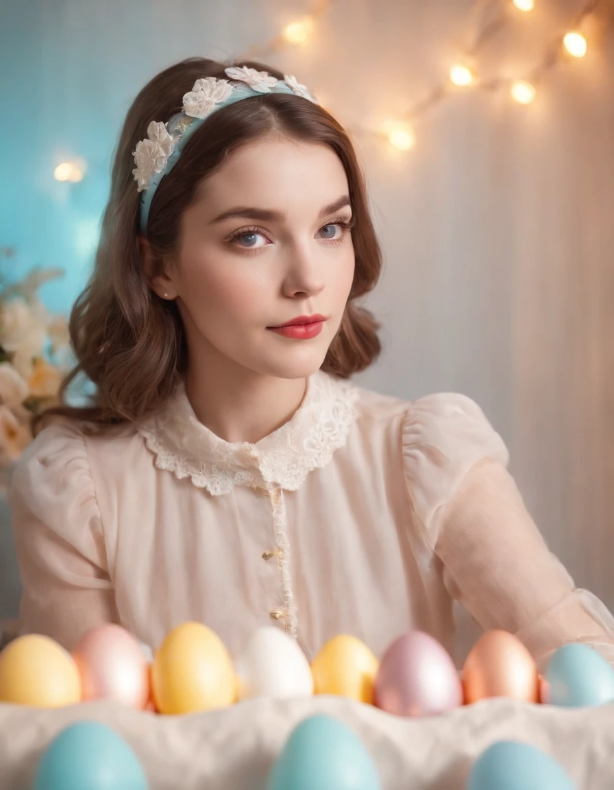 Girl dressed in retro style, Easter photo with Easter eggs behind her, colored lights, lights in the background, bokeh style, semi-long shot, high quality photo, (close-up)