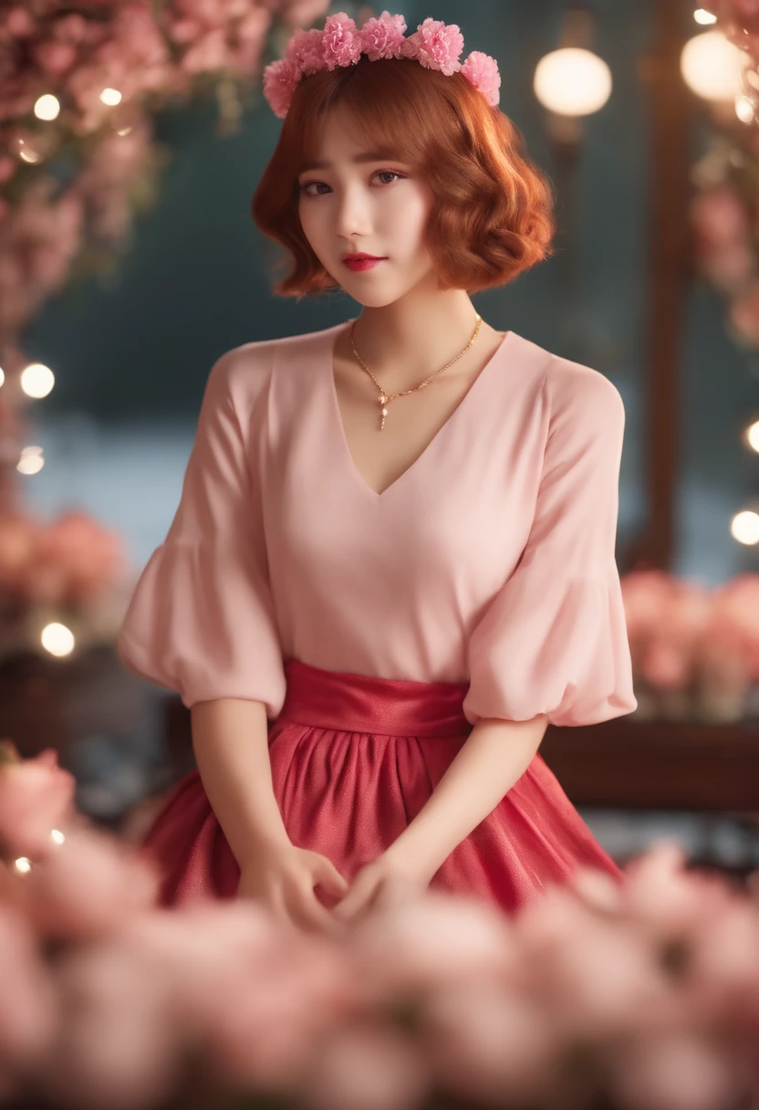 18 year old beautiful girl, masterpiece, best quality, 8K animation, detailed fingers, precise fingers, not unnatural hands, illustration, 1 girl, solo, pink bob cut, gold crown, flower hair ornament, sagging eyes, red mini skirt, YUI