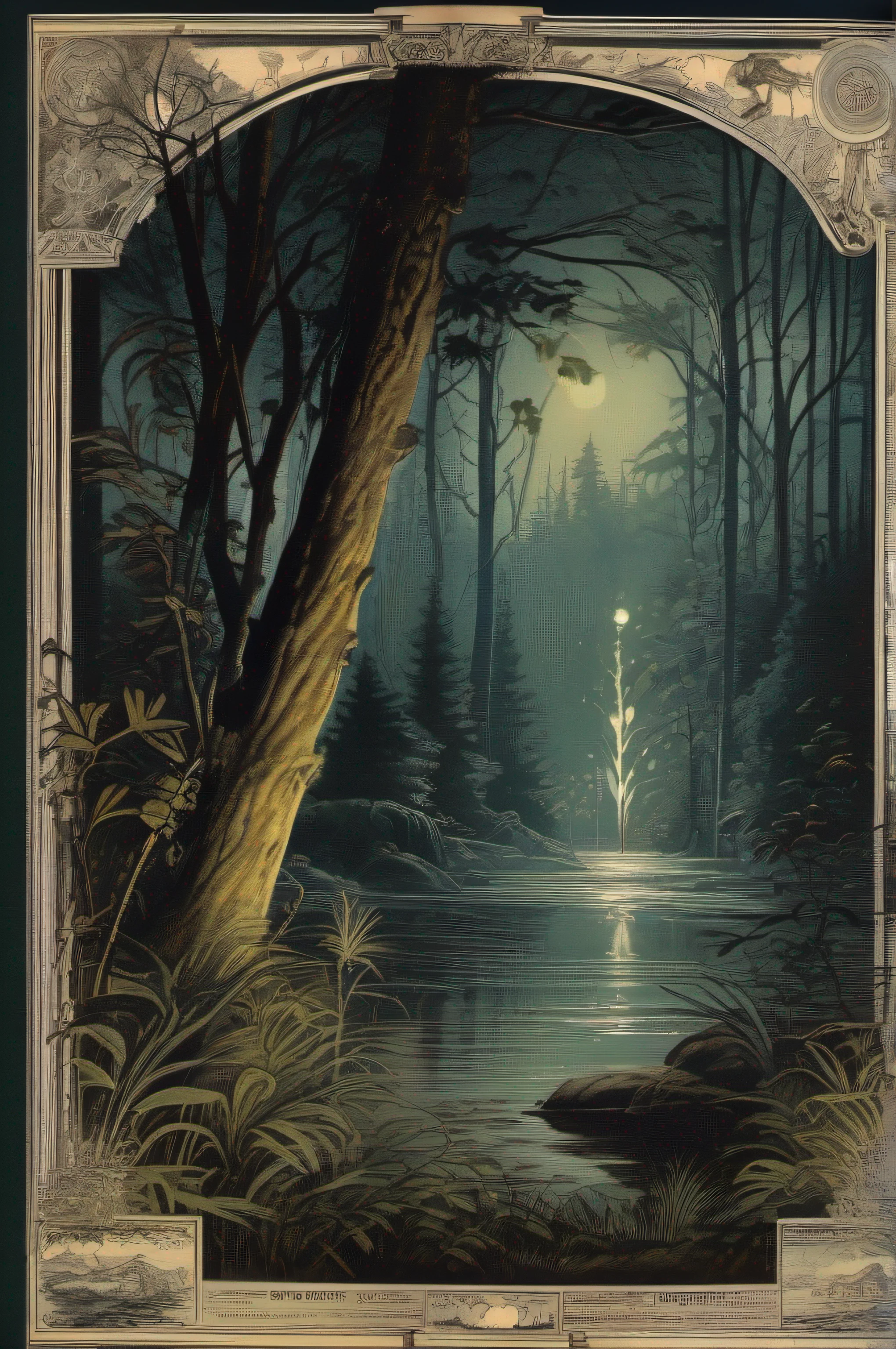 Vintage Victorian style Precise vintage encyclopedia (best quality:1.2), (detailed:1.2), (masterpiece:1.2), vintage illustrations of magical forest at night, botanical, ((without people)) ((nobody)) will o the wisp, swamp light, ghostlights