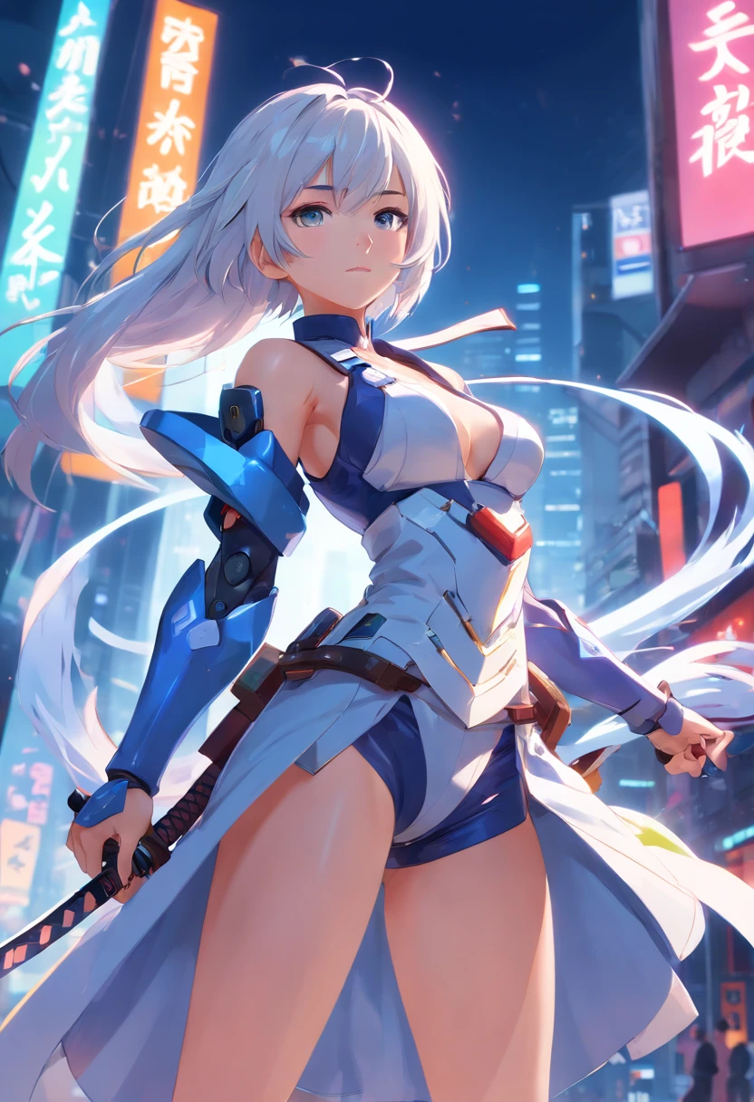 (masterpiece), best quality, perfect face, woman in a futuristic suit posing for a picture, female ninja, perfect hands, perfect fingers, perfect fit, perfect body, cyber japan style armor, cg artist, beautiful female, Kunoichi, game, honkai impact, cool action pose, tower of fantasy, super robot, frame arms girl, draw swords, white hair, battojutsu, full body, detailed background, detailed outfit, unreal engine, octane render, 8k, highest resolution, highly detailed, waifu, samurai, katana, guns