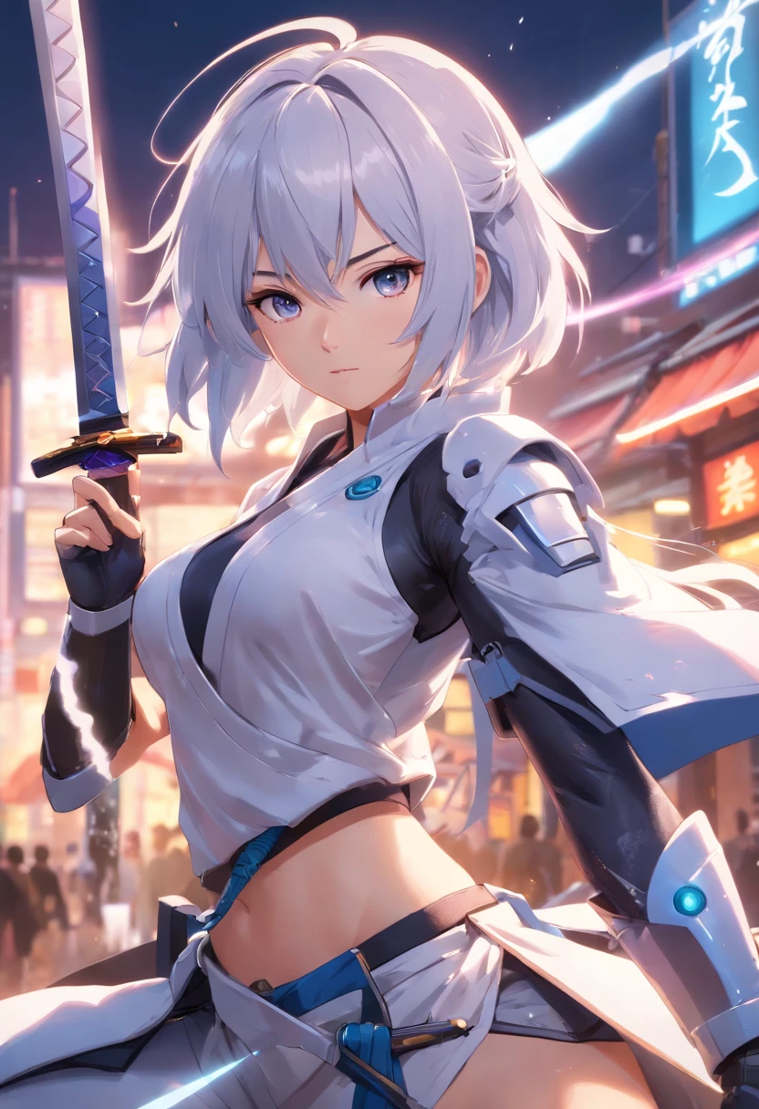 (masterpiece), best quality, perfect face, woman in a futuristic suit posing for a picture, female ninja, perfect hands, perfect fingers, perfect fit, perfect body, cyber japan style armor, cg artist, beautiful female, Kunoichi, game, honkai impact, cool action pose, tower of fantasy, super robot, frame arms girl, draw swords, white hair, battojutsu, full body, detailed background, detailed outfit, unreal engine, octane render, 8k, highest resolution, highly detailed, waifu, samurai, katana, guns