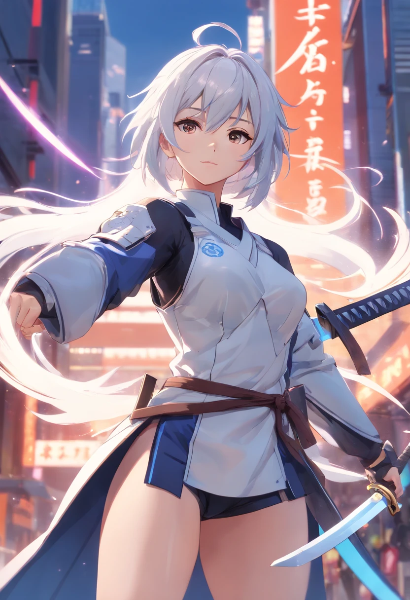 (masterpiece), best quality, perfect face, woman in a futuristic suit posing for a picture, female ninja, perfect hands, perfect fingers, perfect fit, perfect body, cyber japan style armor, cg artist, beautiful female, Kunoichi, game, honkai impact, cool action pose, tower of fantasy, super robot, frame arms girl, draw swords, white hair, battojutsu, full body, detailed background, detailed outfit, unreal engine, octane render, 8k, highest resolution, highly detailed, waifu, samurai, katana, guns