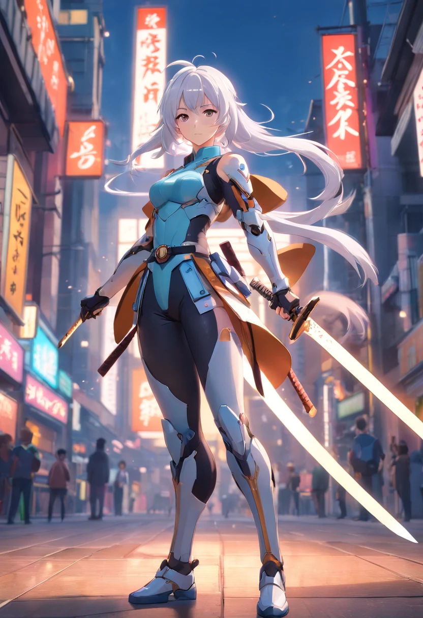 (masterpiece), best quality, perfect face, woman in a futuristic suit posing for a picture, female ninja, perfect hands, perfect fingers, perfect fit, perfect body, cyber japan style armor, cg artist, beautiful female, Kunoichi, game, honkai impact, cool action pose, tower of fantasy, super robot, frame arms girl, draw swords, white hair, battojutsu, full body, detailed background, detailed outfit, unreal engine, octane render, 8k, highest resolution, highly detailed, waifu, samurai, katana, guns