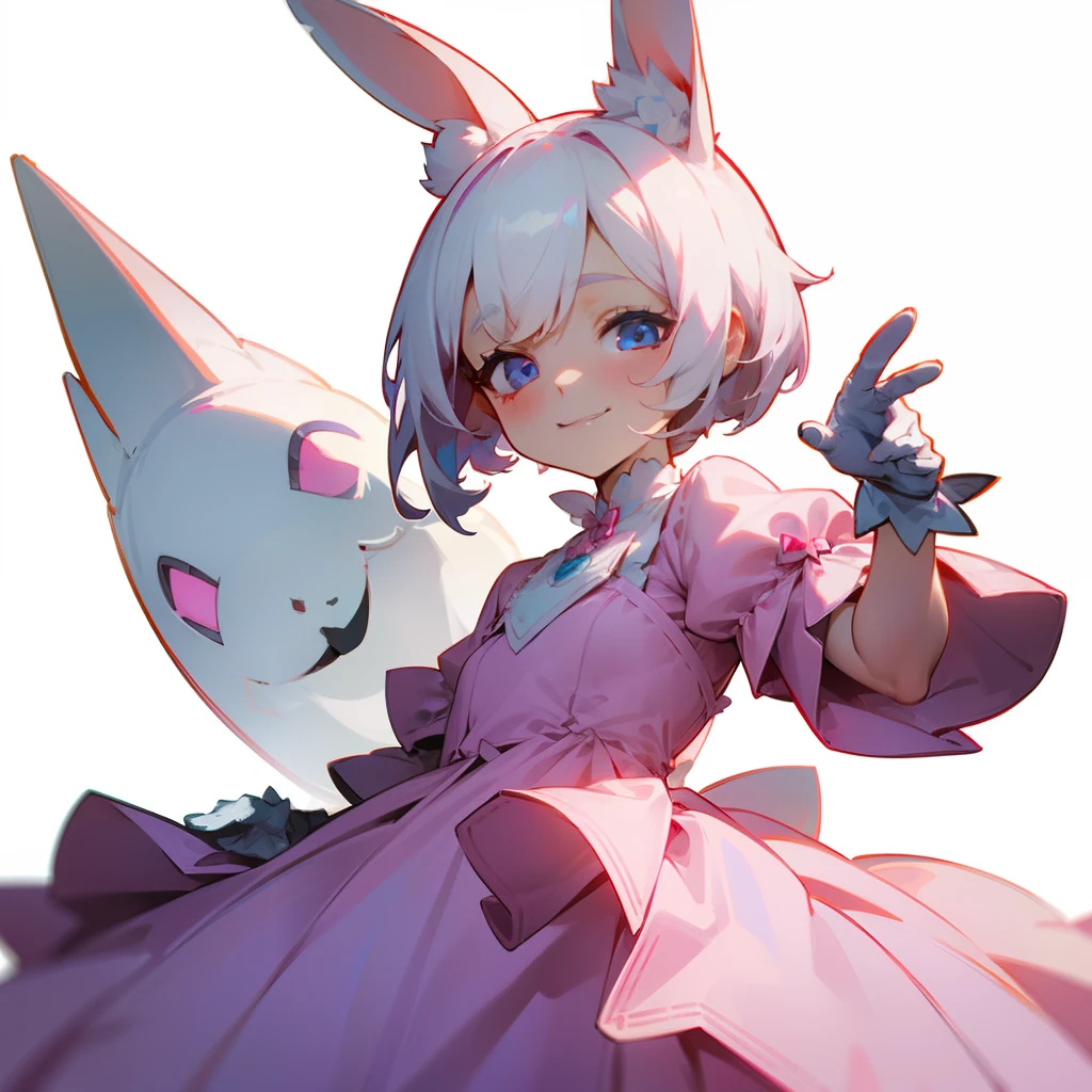 1 girl in、Pink dress、Simple dress、White rabbit ears、Hareful、White hair、short-cut、Simple eyes、white glove、Evil smile、Plot