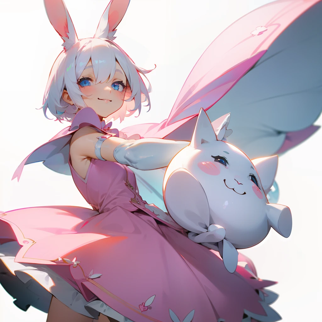 1 girl in、Pink dress、Simple dress、White rabbit ears、Hareful、White hair、short-cut、Simple eyes、white glove、Evil smile、Plot