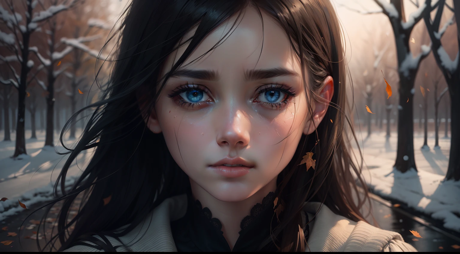 beautiful detailed eyes,beautiful detailed lips,girl with broken heart,tears,emotional,lonely figure,leaves falling in the background,golden autumn,soft focus,faint sunlight,medium:oil painting,subtle brushstrokes,expressive strokes,heartache,emotional vulnerability,realistic portrait style,vivid colors,mourning,color palette:black and white with a touch of deep blue,moonlight,romantic atmosphere