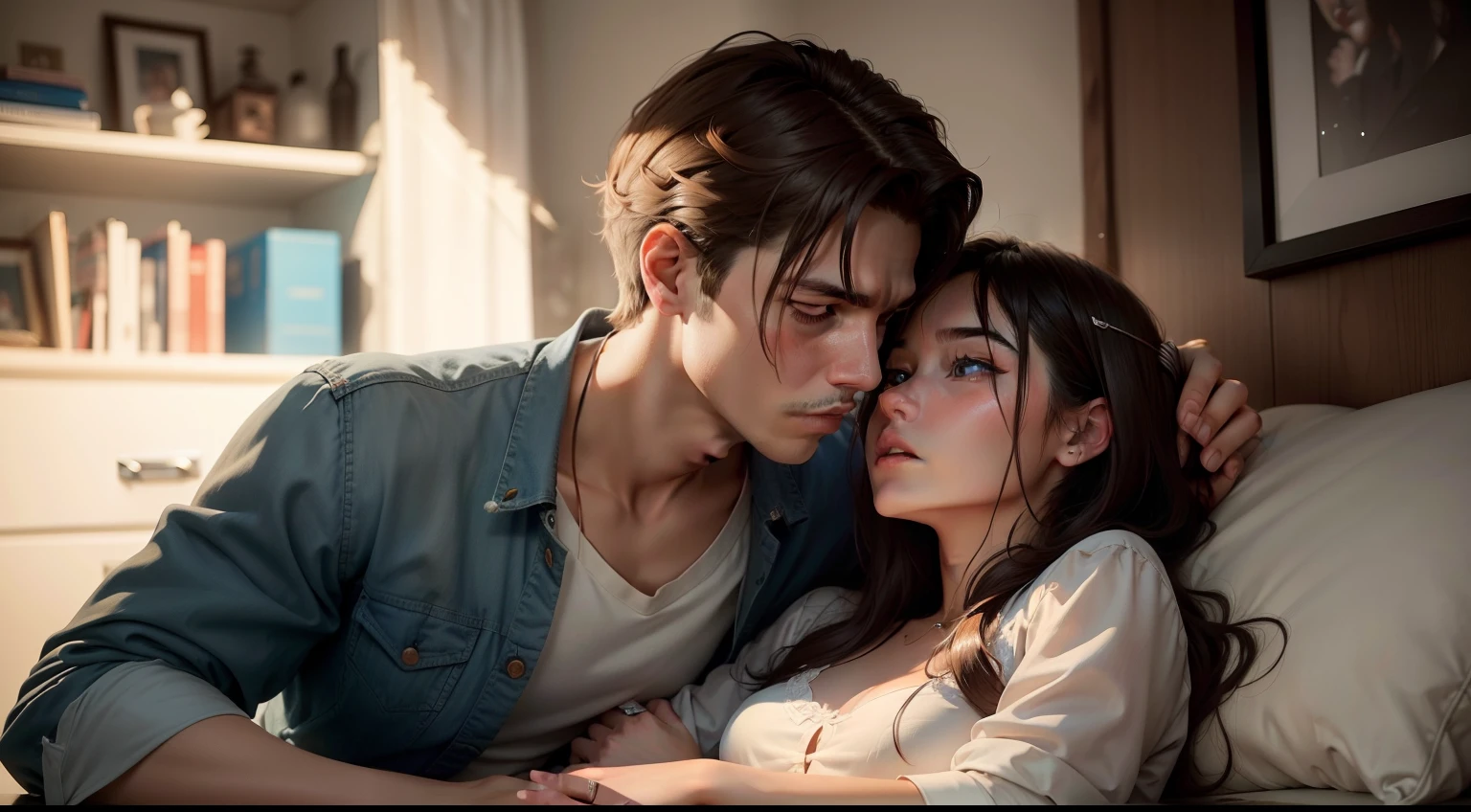 (tall man hugged his wife:1.2), detailed description, warm embrace, strong hands encircling her waist, head rested on her shoulder, her hair cascading over his chest, (marriage:1.4), close-knit relationship, love and affection, tender moment, intimately connected, (high definition:1.4), clear and crisp image, (realistic:1.2), authentic representation,, expressions of pure emotion, romantic atmosphere, soft focus on faces, depth of field accentuating the couple, indoor setting, cozy and inviting, (s2: automatic settings)