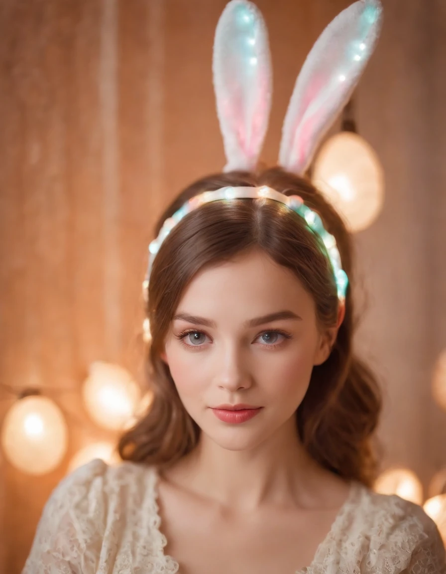 Girl dressed in retro style, Easter photo with Easter eggs behind her, Easter lights, colored lights, background lights, bokeh style, half long shot, high quality photo, (close-up)