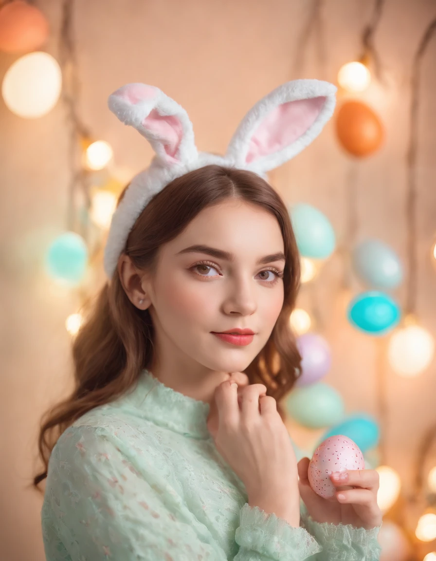 Girl dressed in retro style, Easter photo with Easter eggs behind her, Easter lights, colored lights, background lights, bokeh style, half long shot, high quality photo, (close-up)