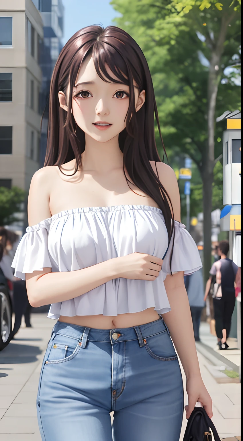 Kaori brown long, brown hair, beautiful face, smile ,blush,blue sky, on the street,(masterpiece:1.2), best quality,4k, casual dress, jeans ,bare shoulder,bare belly,huge breast, cleavage,extremely detailed wallpaper, perfect lighting, sunlight,