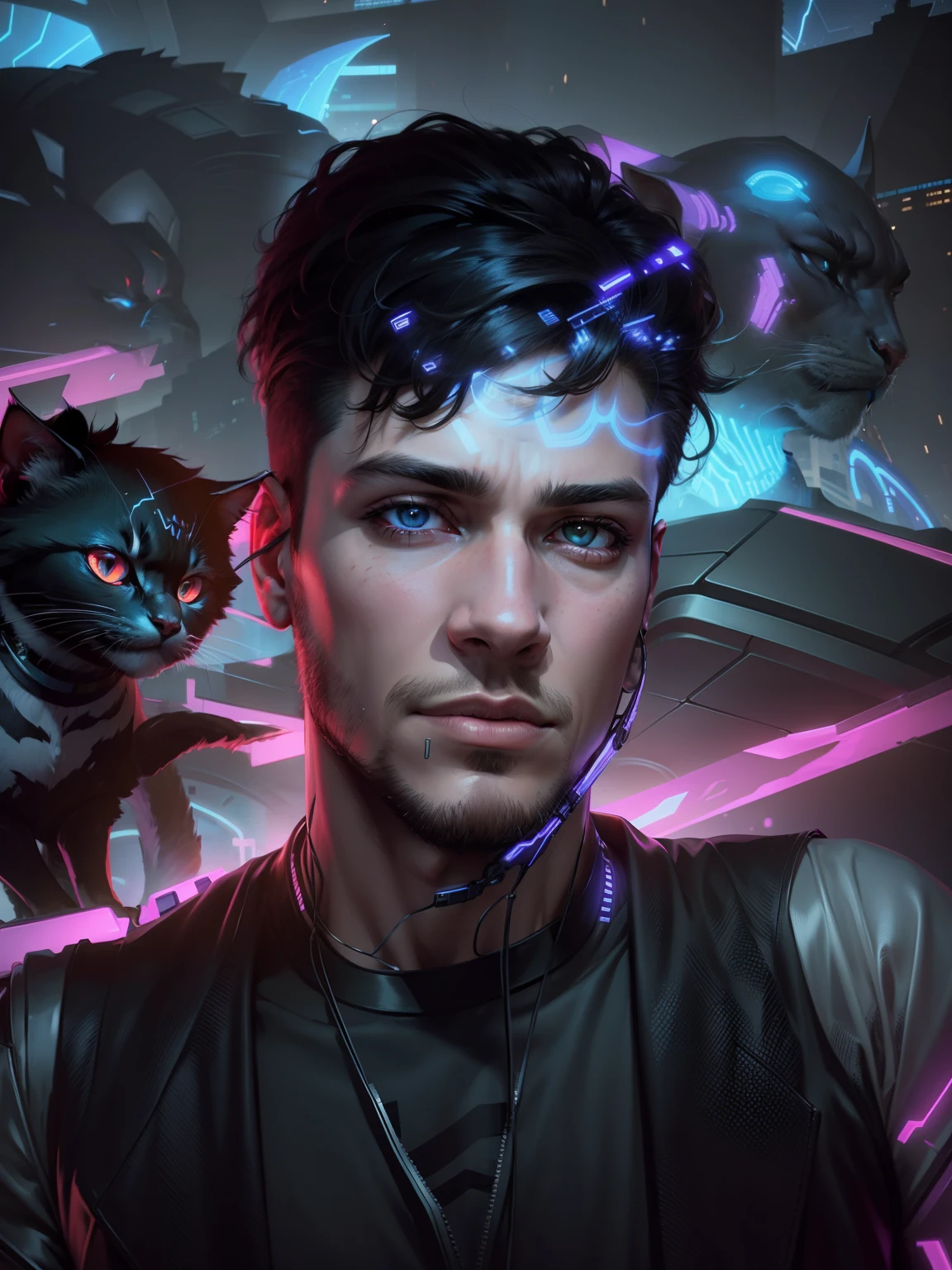 Change background cyberpunk handsome boy
ultra realistic with cat,
