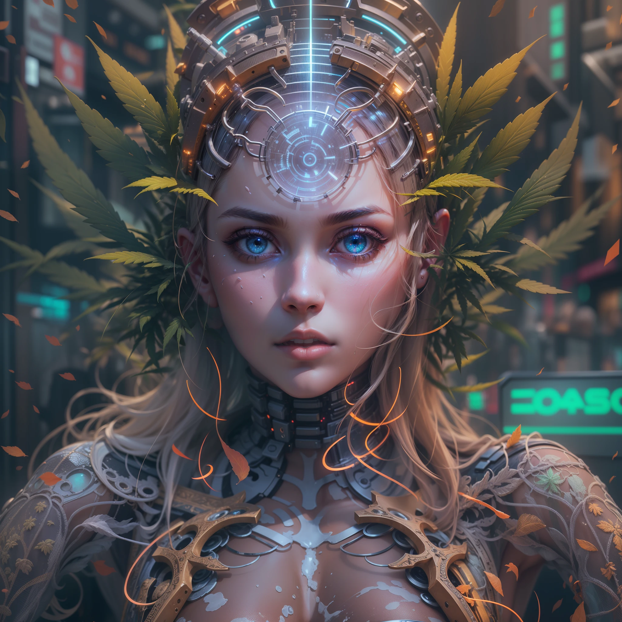 Top quality, masterpiece, super high resolution, ((Photorealistic: 1.4), 1 beautiful humanoid girl buried in cannabis, ((portrait)), shiny skin, (ultra realistic details)), limbs Cannabis and powdery white powder covering the. Human body fused with machinery, precision instruments attached to the neck, neon psychedelic tubes connected to the head, octane rendering, 8K, super sharp, metal, intricate psychedelic details, highly intricate details, realistic light, Facing the camera, psychedelic and cyberpunk details,
