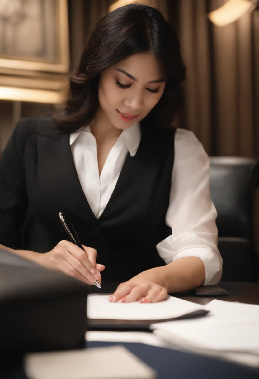 Wearing black leather gloves in both hands, upper body, black business suit, facing the desk in the modern study in the dark, looking down and smiling, writing a letter using a fountain pen, long straight black hair, young and very cute Japanese female new employee with round eyes (black leather gloves cover both hands)