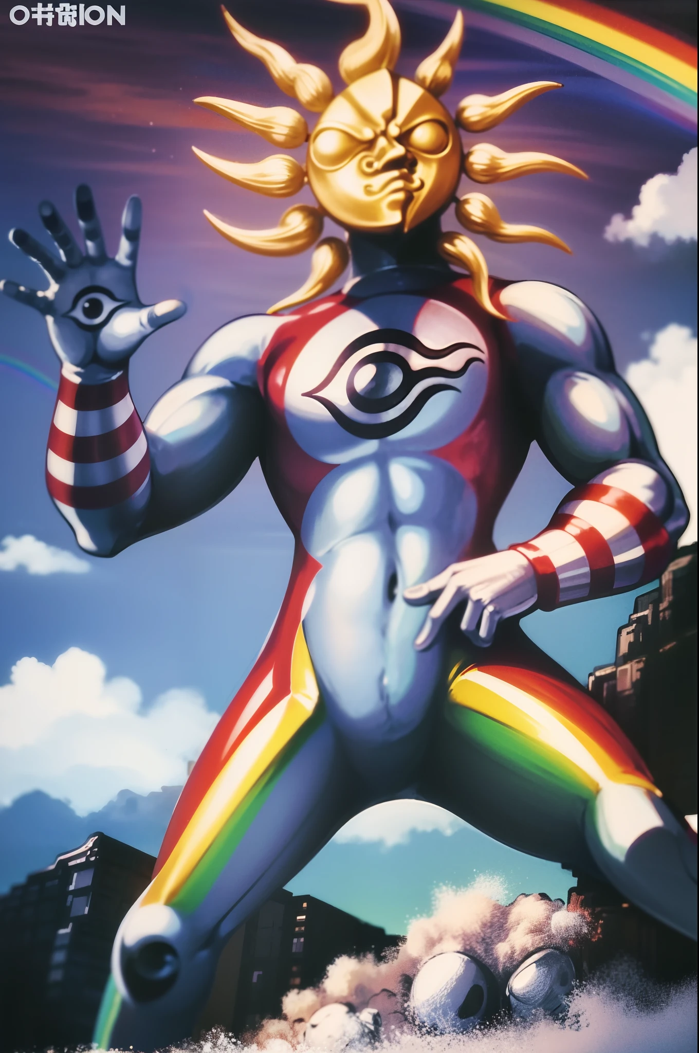 TAROMAN, standing full body, mountain, sun , rainbow, fire light, muscular male, moon water,moon, bara, orange fruit, dragon monster