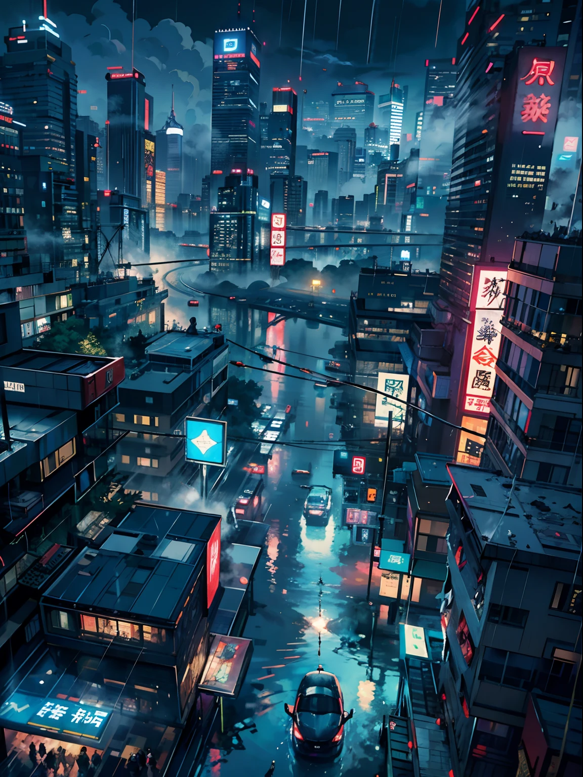 1boy, boy、Wet body、Cyberpunk Boy、katanas,machine gun、The beginning of the adventure、(drenching:2)、Lots of clouds,heavy fog、Fog,Chaotic city of the future、Movie dystopia、A group of very tall skyscrapers stands in the center、Very complex cityscape,Crowded Chinese skyscrapers、street signs、streetlights、taxis、buses、Train、Blue lighting,Dark road、Lots of puddles、Chaotic、Beautiful and fantastic scenery、Cinematic scenery、hightquality、masutepiece,in 8K、hight resolution、